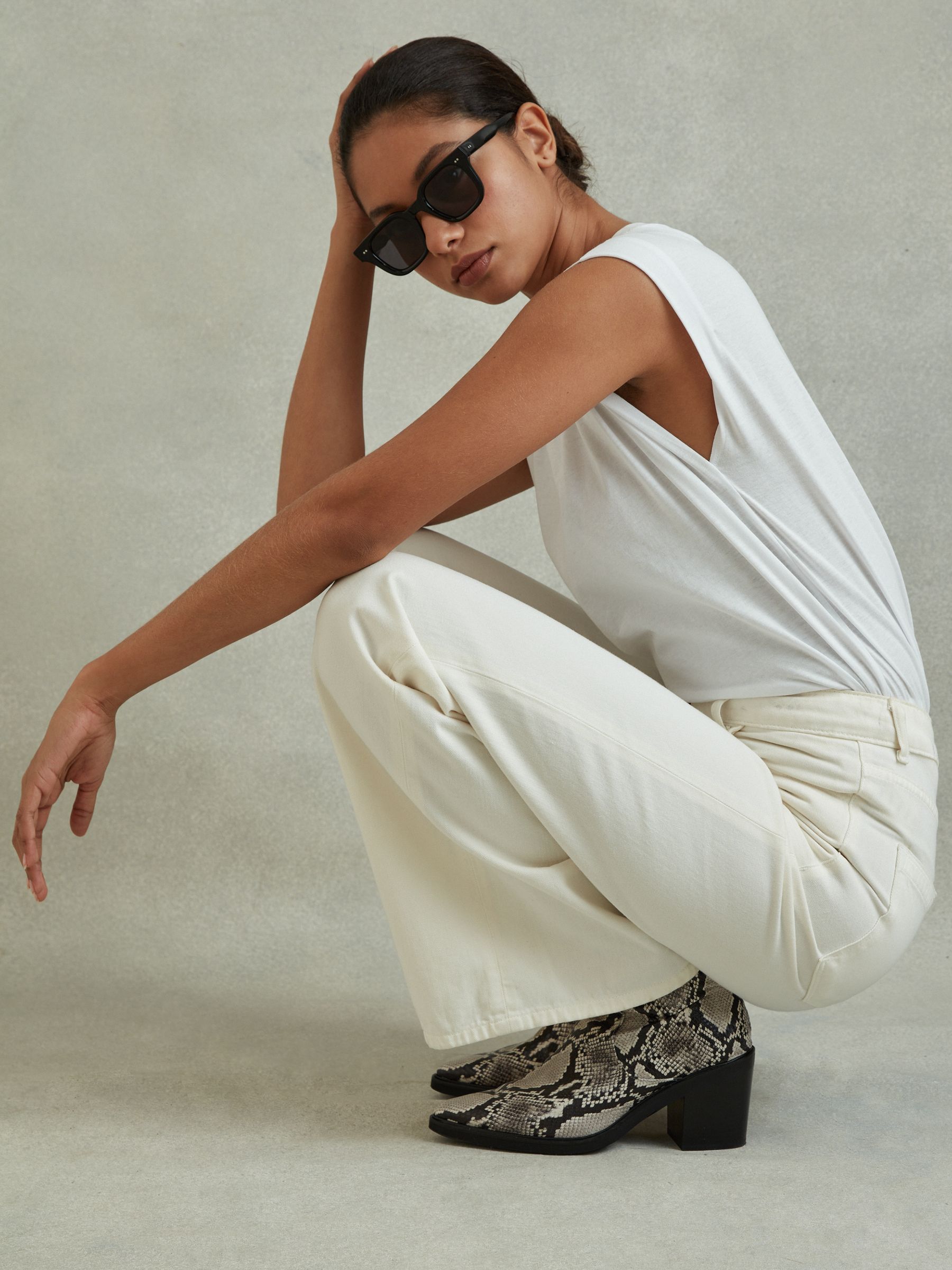 Reiss Leather Heeled Western Boots in Snake - REISS