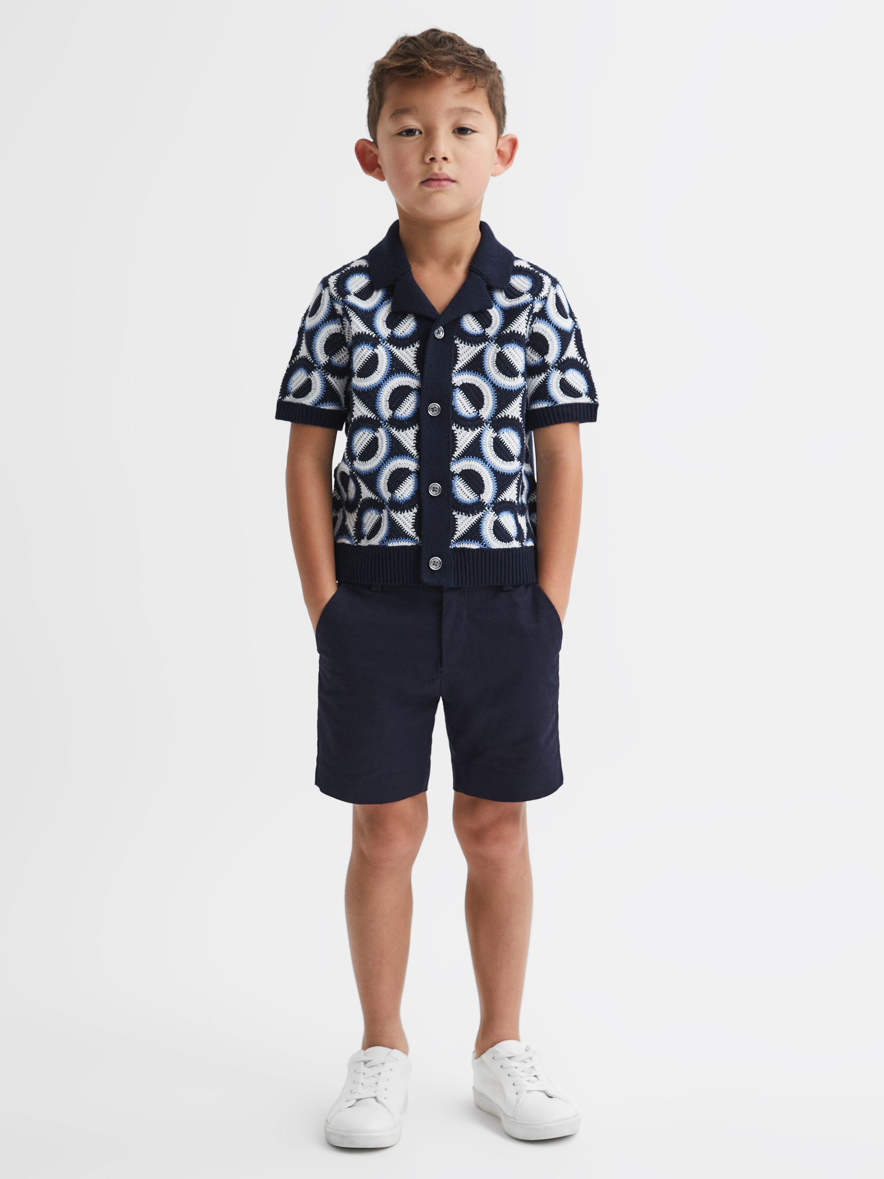 13-14 yrs Knitted Cuban Collar Shirt in Navy - Image 1 of 6