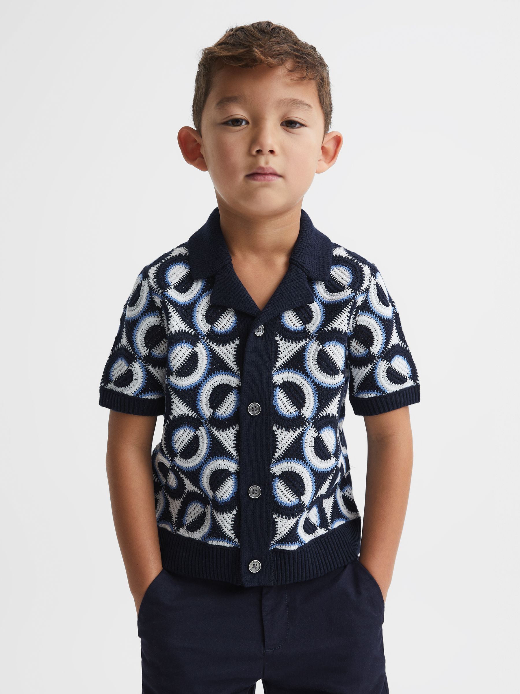 13-14 yrs Knitted Cuban Collar Shirt in Navy - Image 3 of 6