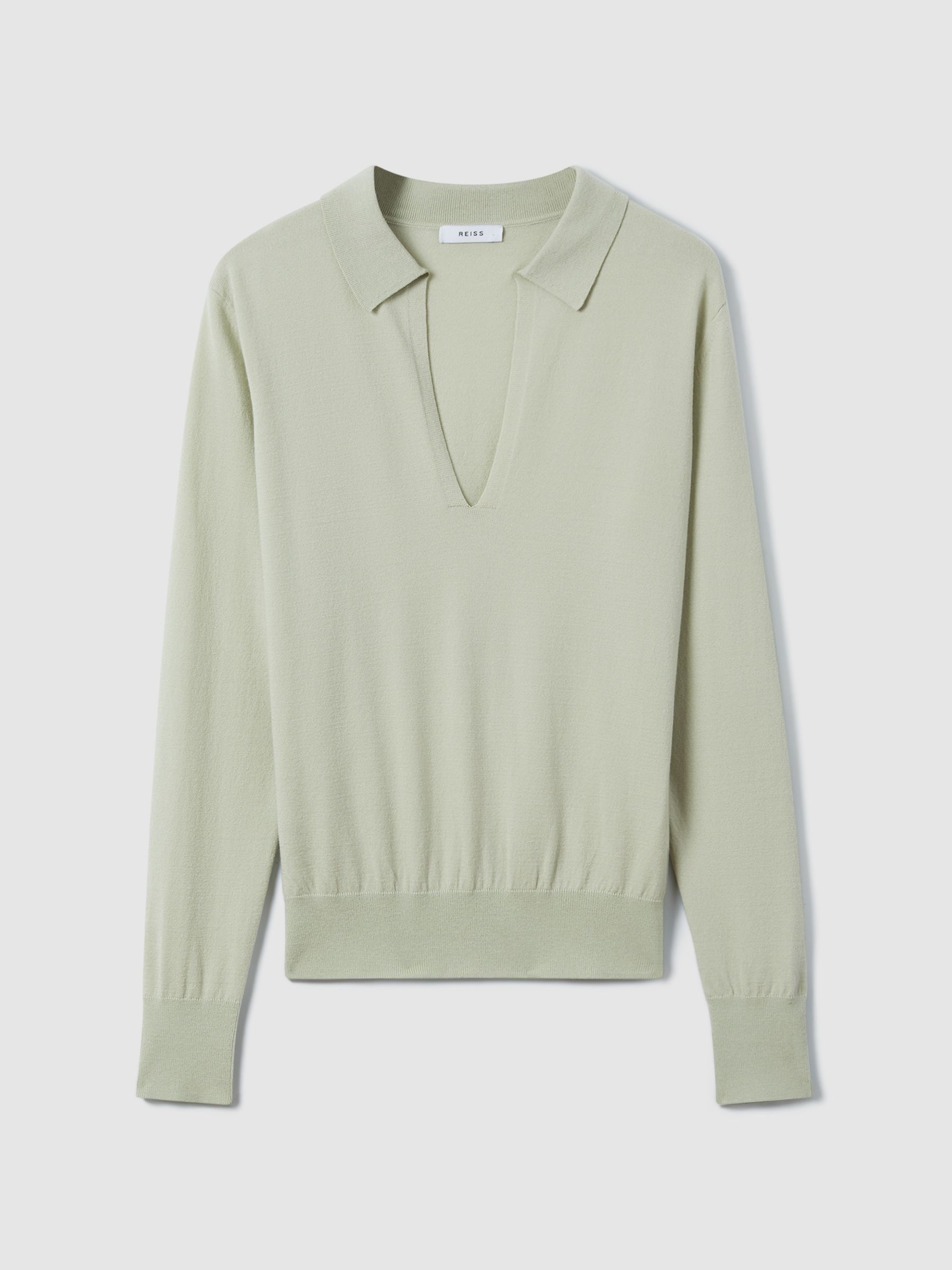 Knitted Collared V-Neck Top in Sage - Image 2 of 6