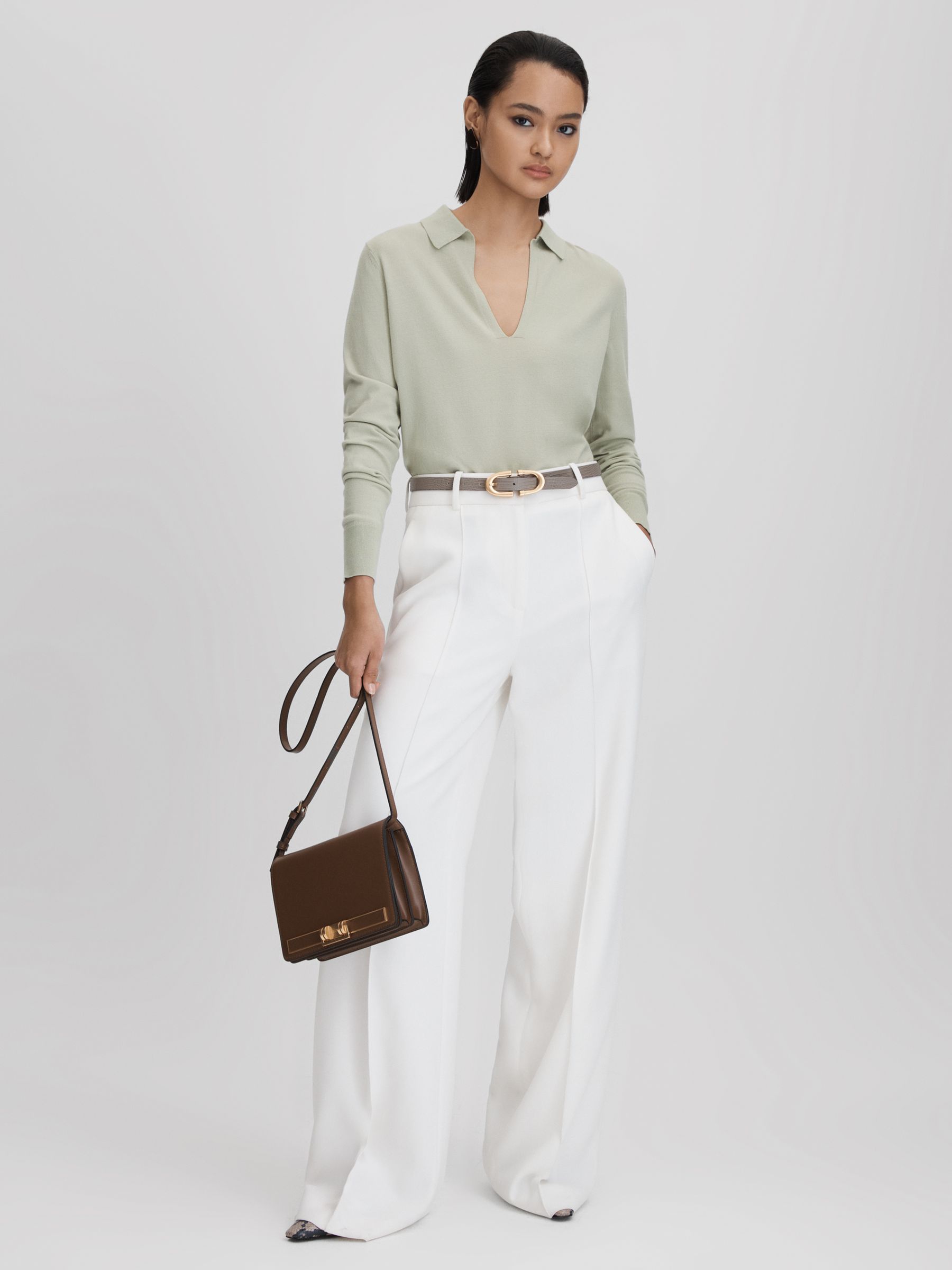 Knitted Collared V-Neck Top in Sage - Image 3 of 6