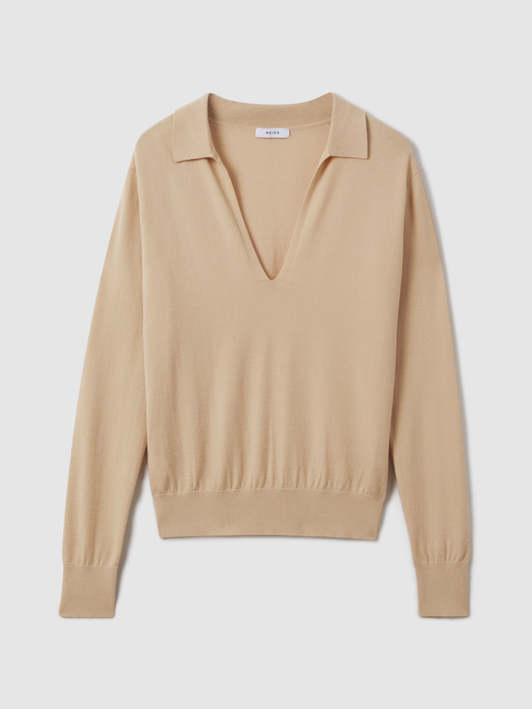 Knitted Collared V-Neck Top in Stone - Image 2 of 5