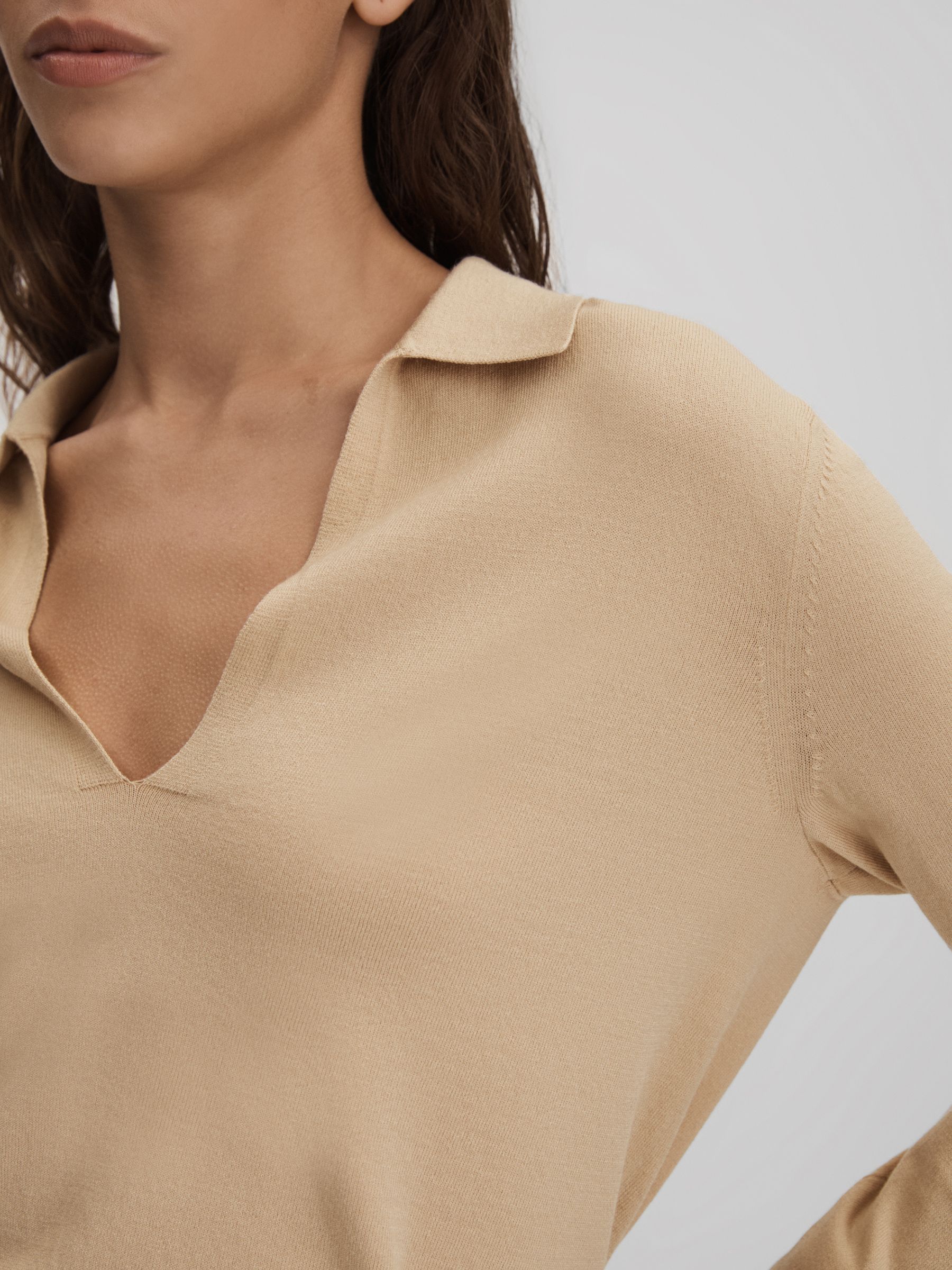 Knitted Collared V-Neck Top in Stone - Image 3 of 5