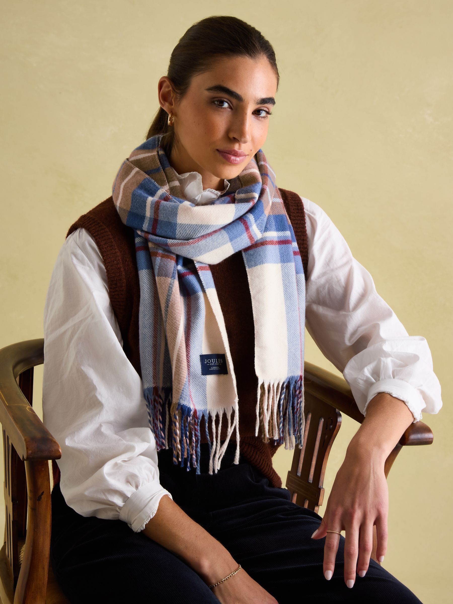Langtree Cream & Blue Scarf - Image 1 of 4 Langtree Cream & Blue Scarf - Image 1 of 4