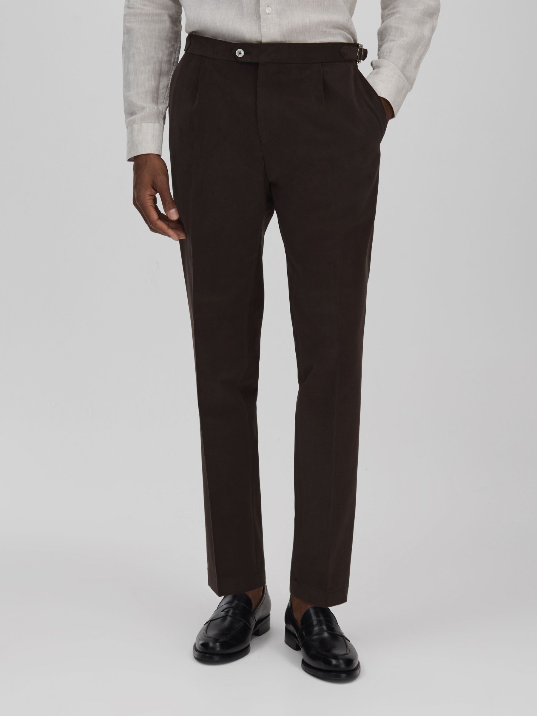 Oscar Jacobson Slim Fit Adjustable Cotton Trousers in Dark Brown - Image 1 of 6