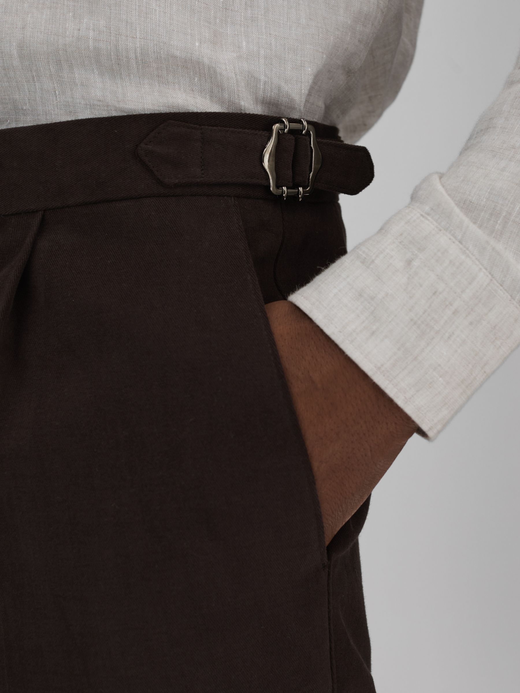 Oscar Jacobson Slim Fit Adjustable Cotton Trousers in Dark Brown - Image 4 of 6