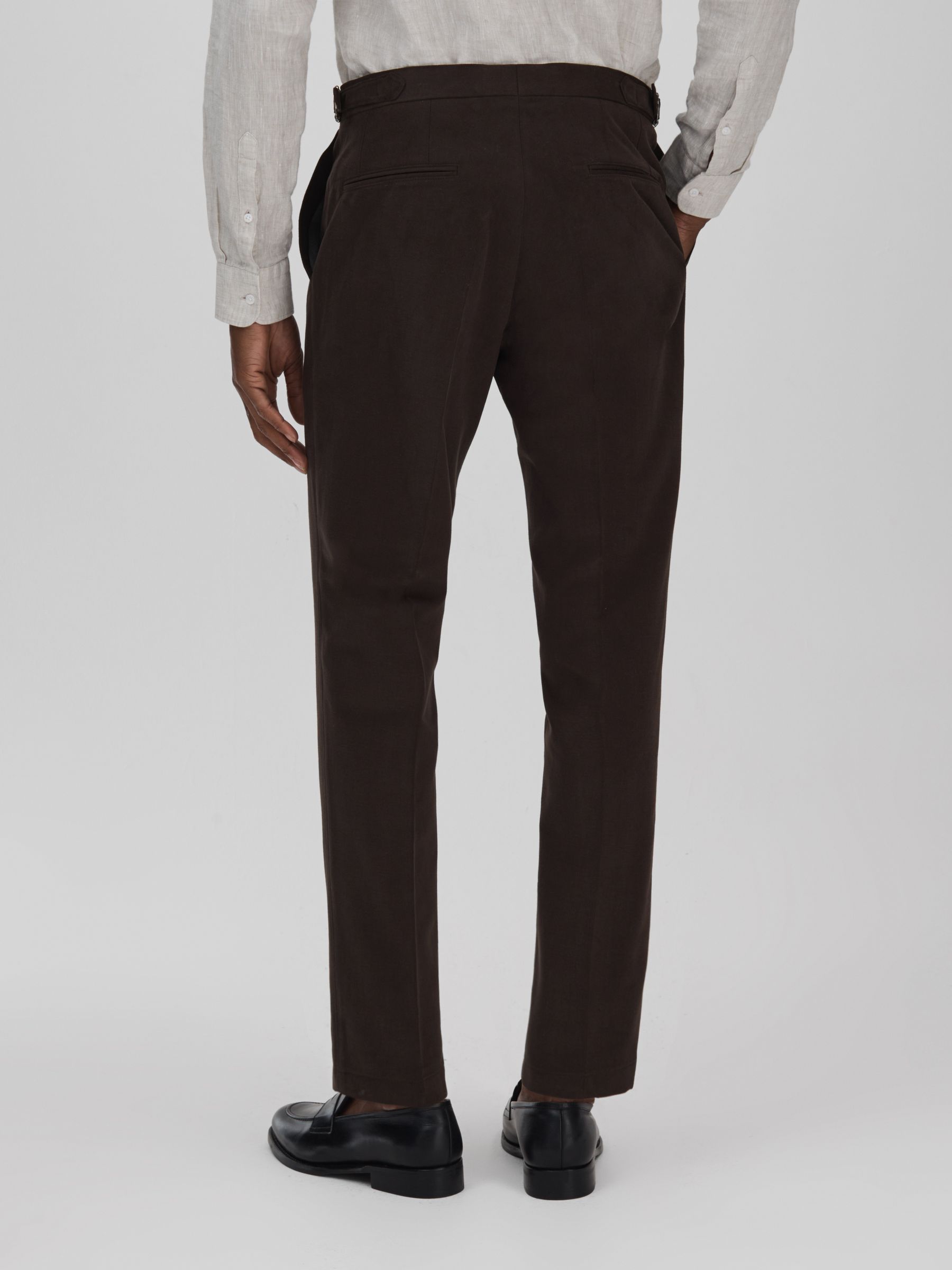 Oscar Jacobson Slim Fit Adjustable Cotton Trousers in Dark Brown - Image 5 of 6