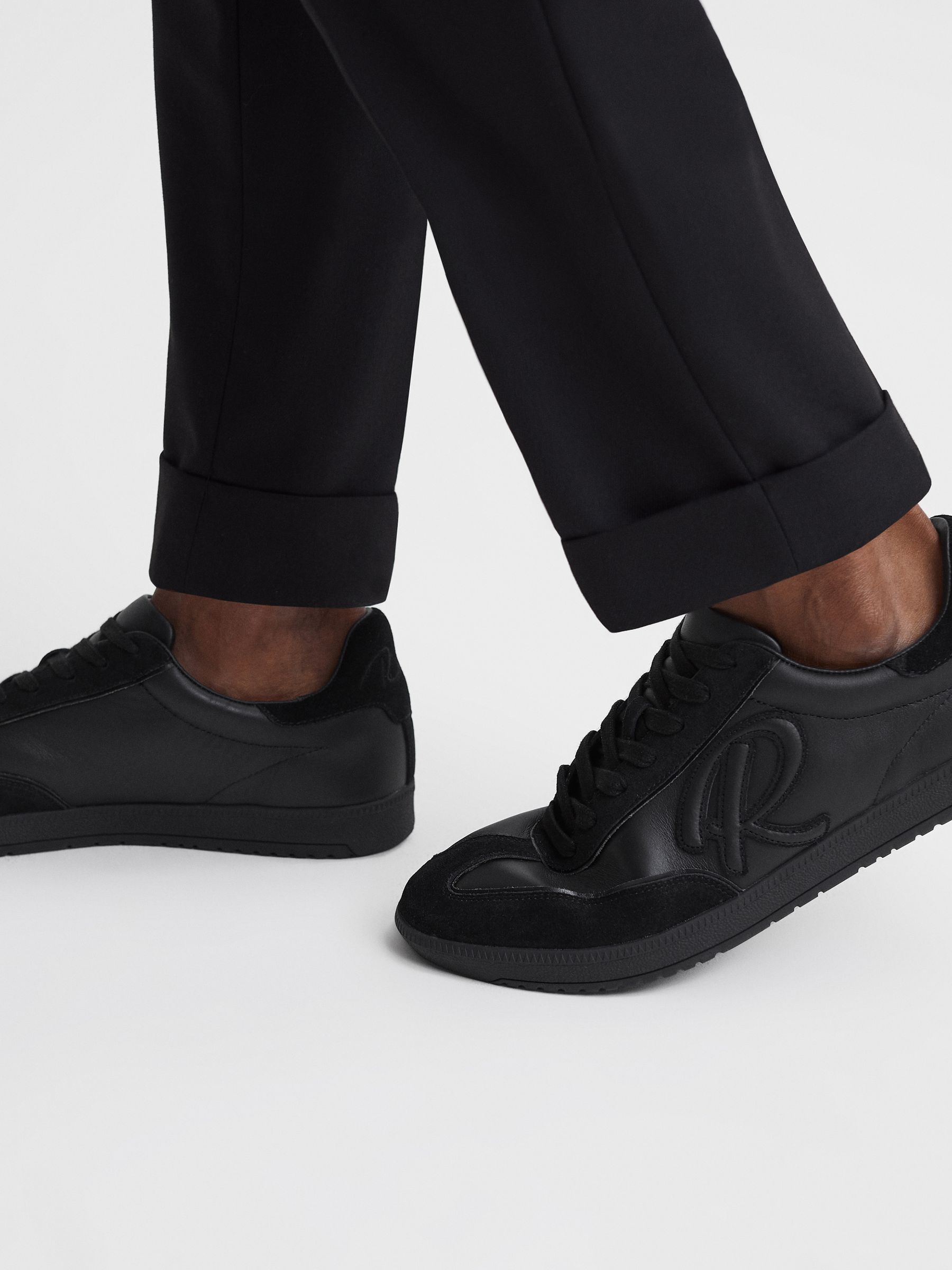 Leather-Suede Low Trainers in Black - Image 3 of 6