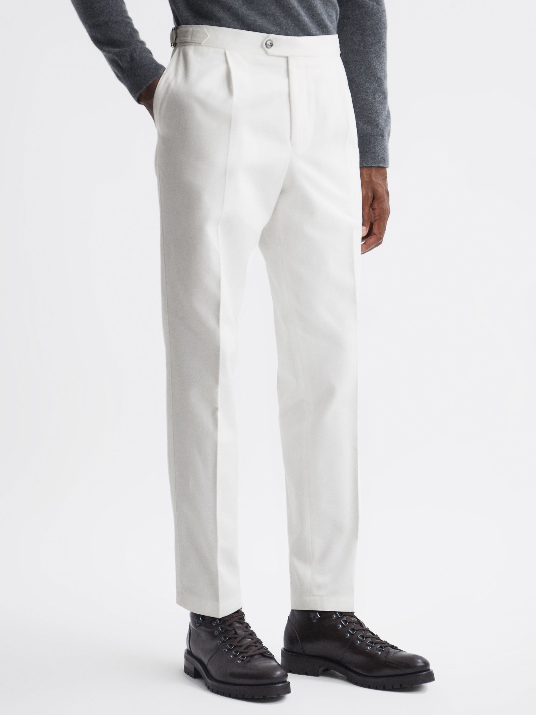 Oscar Jacobson Slim Fit Adjustable Cotton Trousers in Snow White - Image 1 of 5