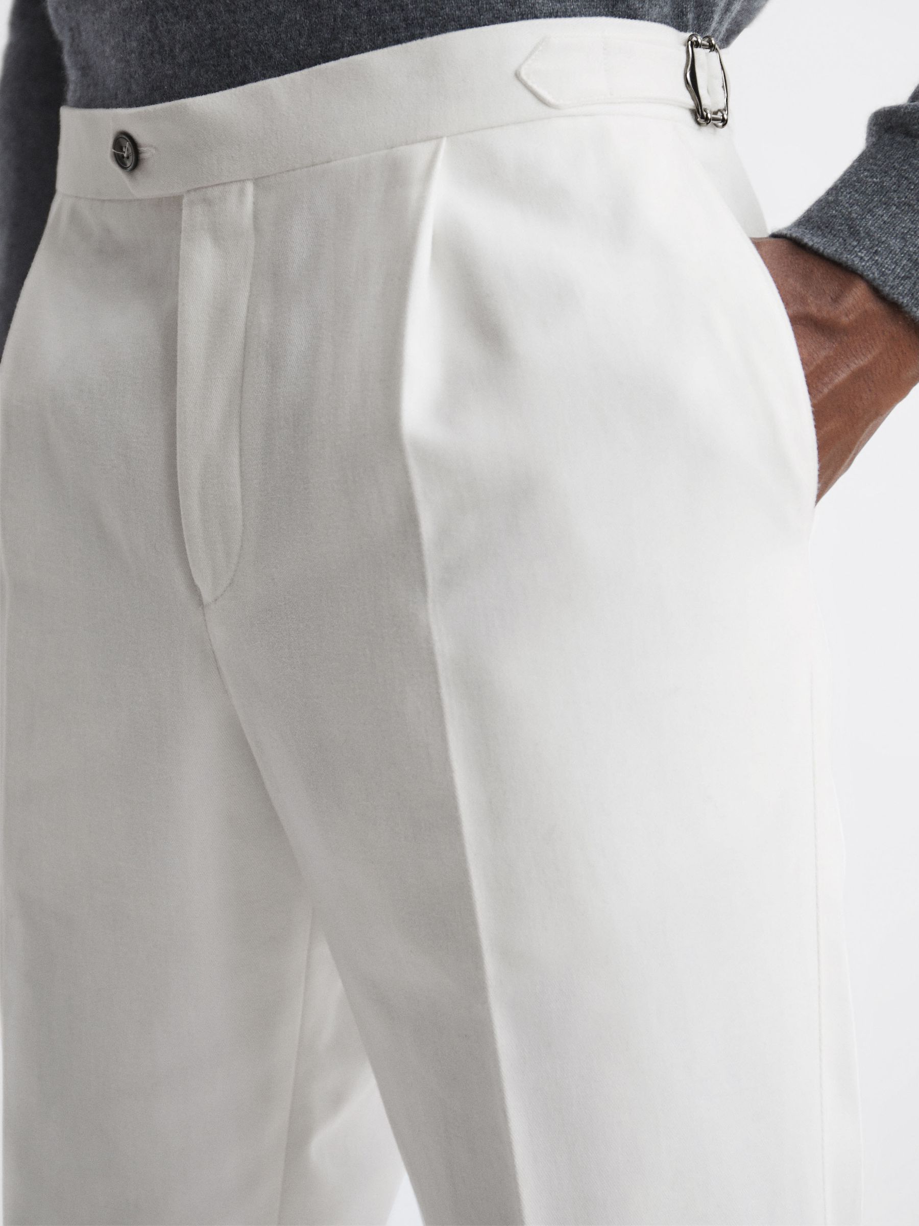 Oscar Jacobson Slim Fit Adjustable Cotton Trousers in Snow White - Image 4 of 5