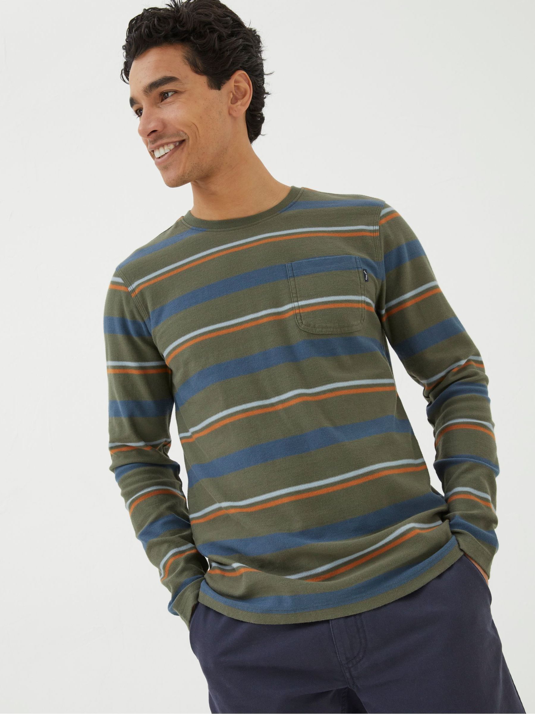 Green Long Sleeve Stripe Pocket Crew T-Shirt - Image 1 of 4