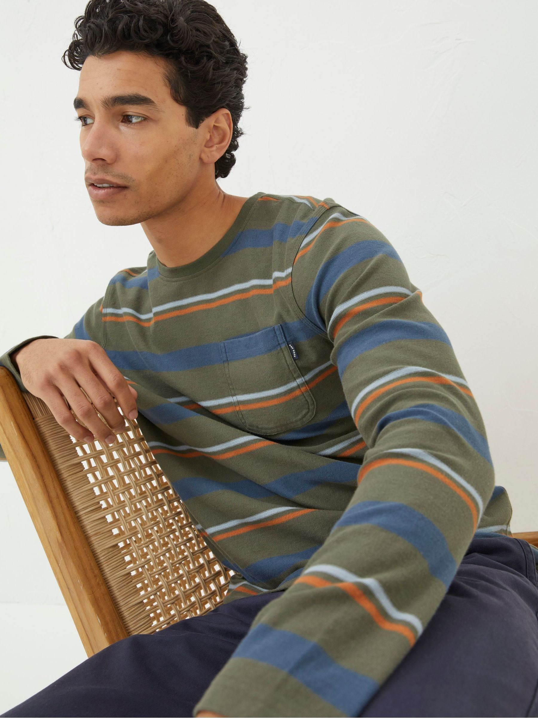 Green Long Sleeve Stripe Pocket Crew T-Shirt - Image 3 of 4