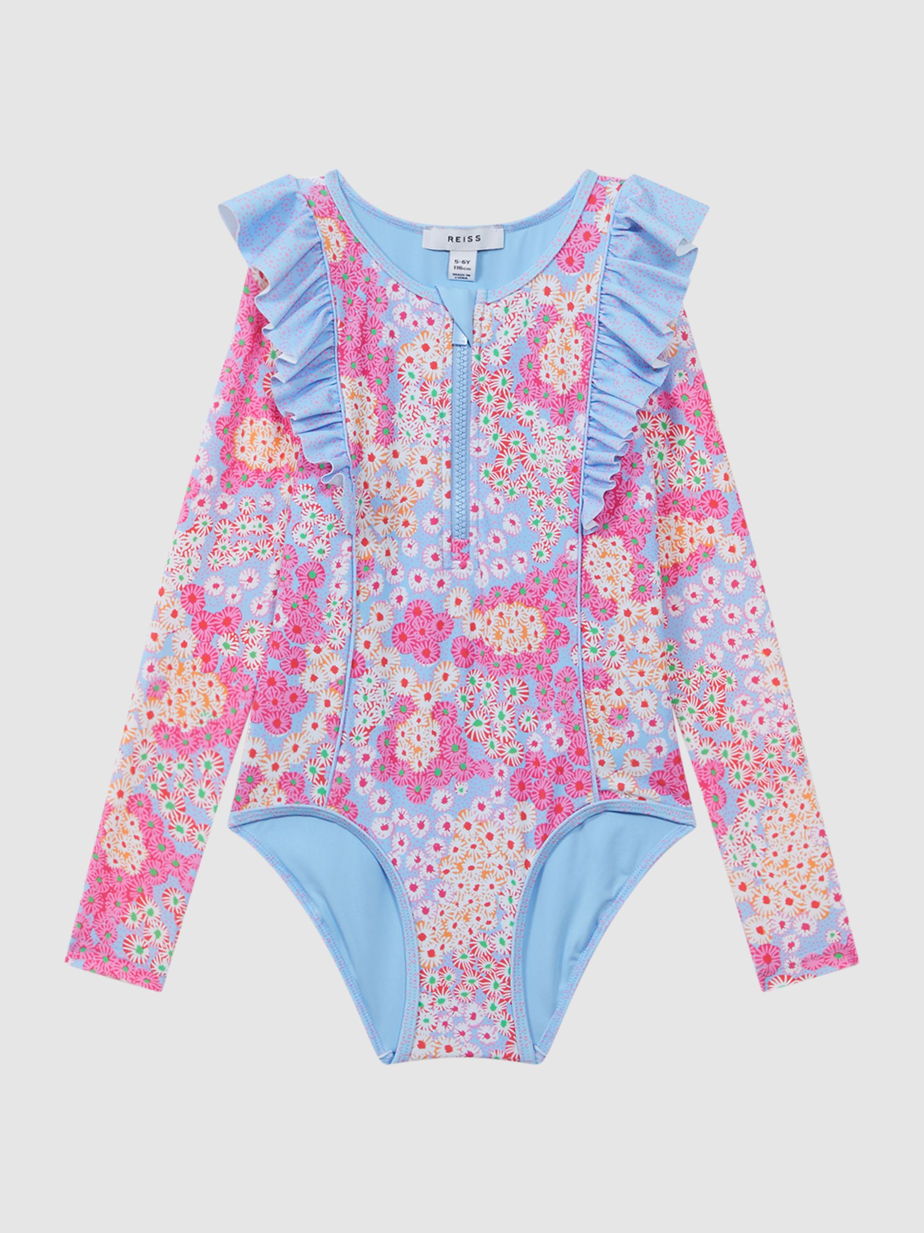 9-13 yrs Floral Print Ruffle Long Sleeve Swimsuit in Pink - Image 2 of 6