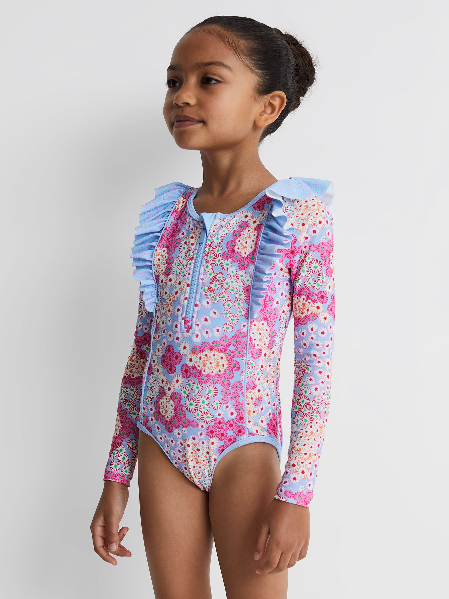 9-13 yrs Floral Print Ruffle Long Sleeve Swimsuit in Pink - Image 3 of 6