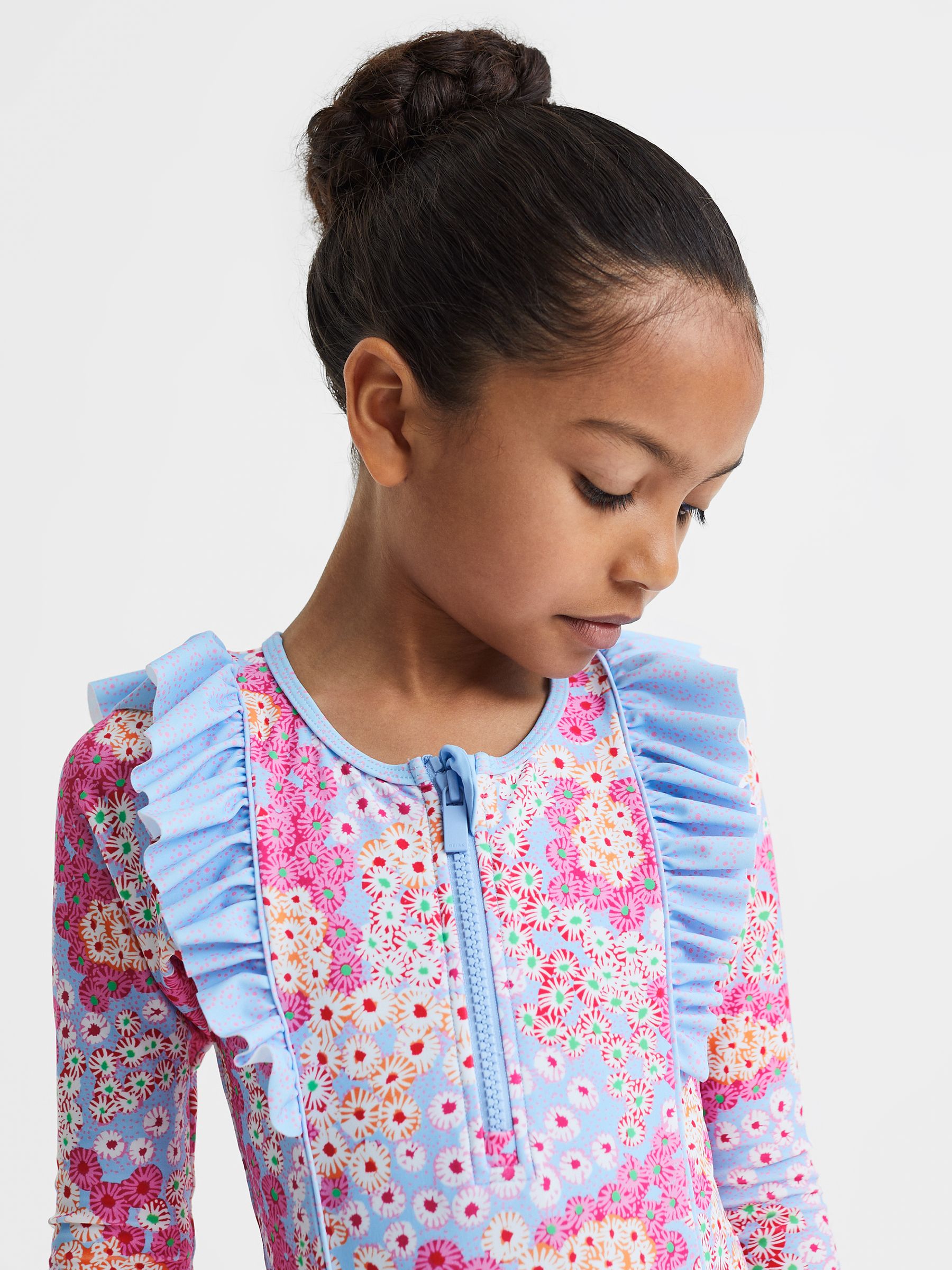 9-13 yrs Floral Print Ruffle Long Sleeve Swimsuit in Pink - Image 4 of 6