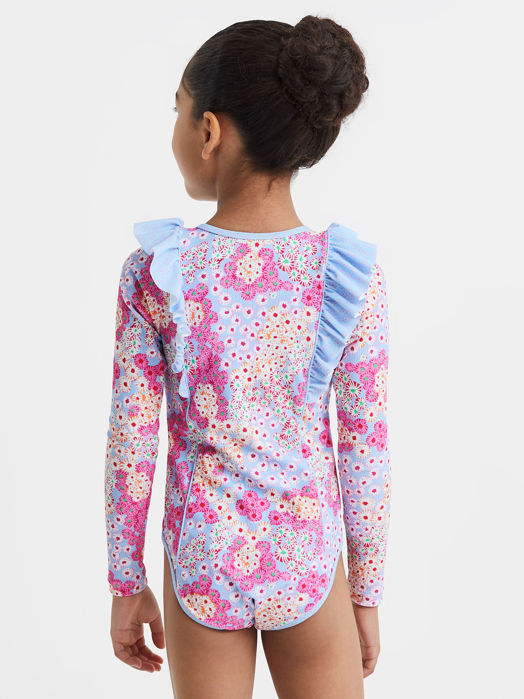 9-13 yrs Floral Print Ruffle Long Sleeve Swimsuit in Pink - Image 5 of 6