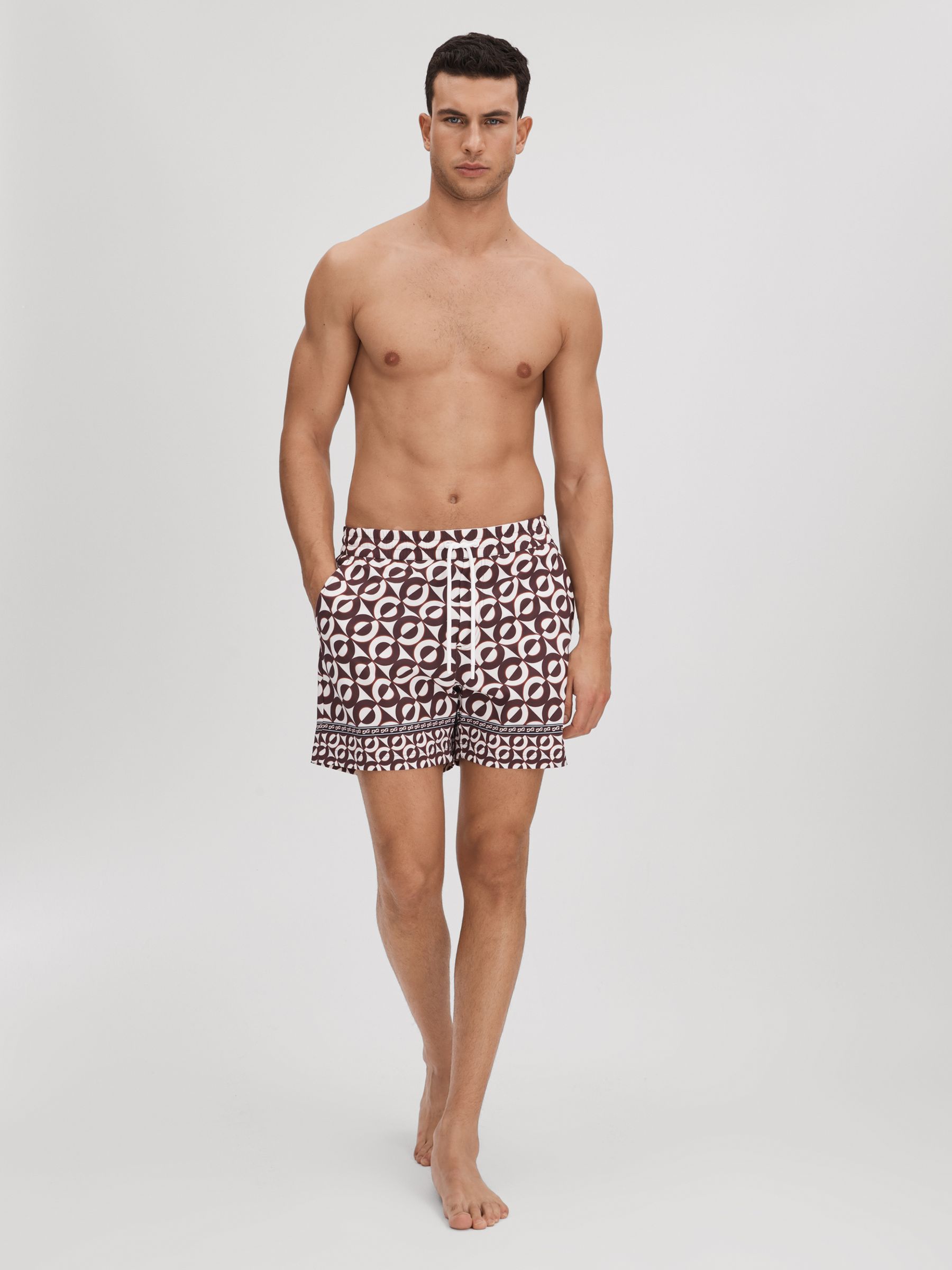 Printed Drawstring Swim Shorts in Tobacco/Ecru - Image 1 of 6