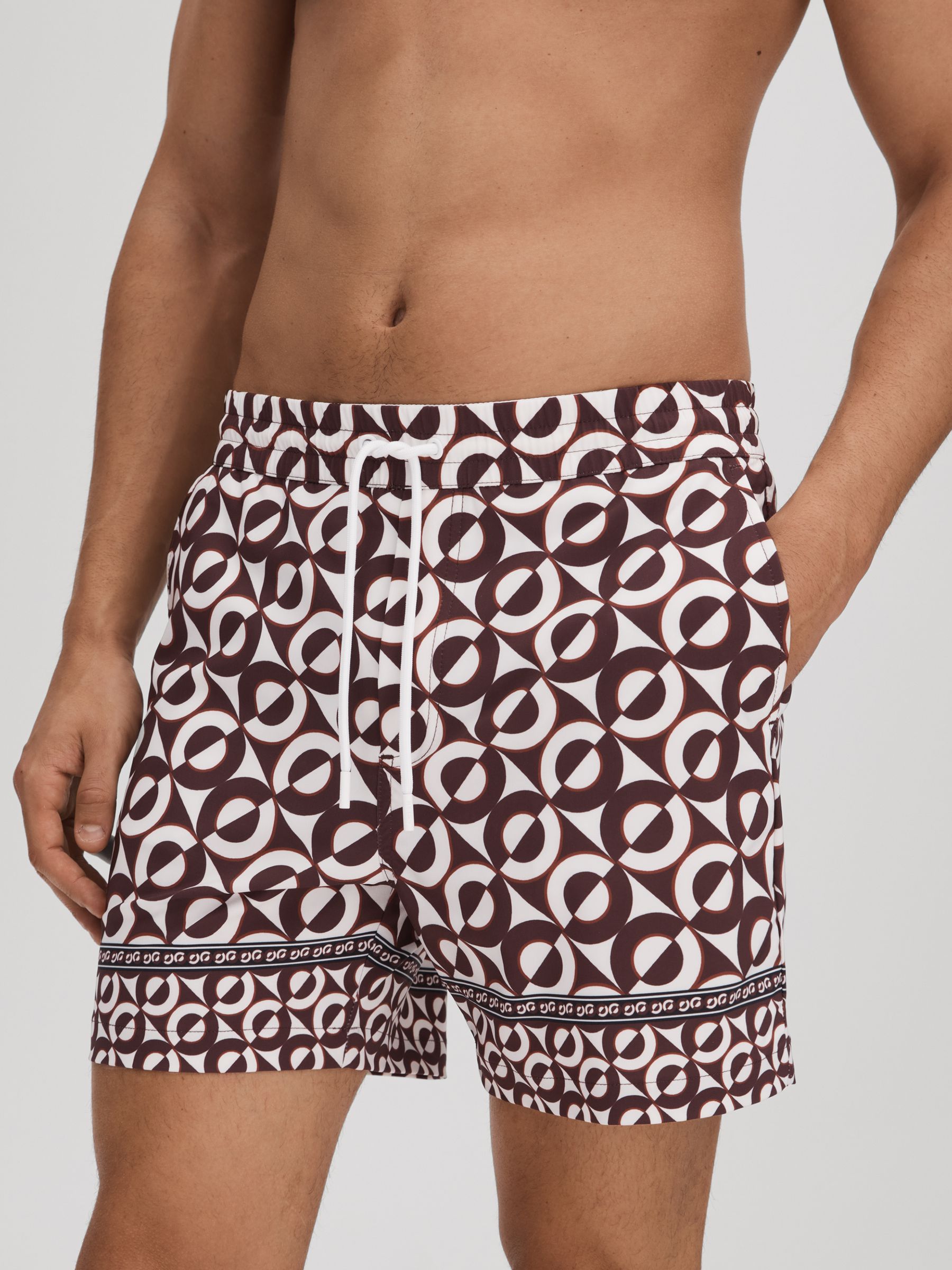 Printed Drawstring Swim Shorts in Tobacco/Ecru - Image 3 of 6