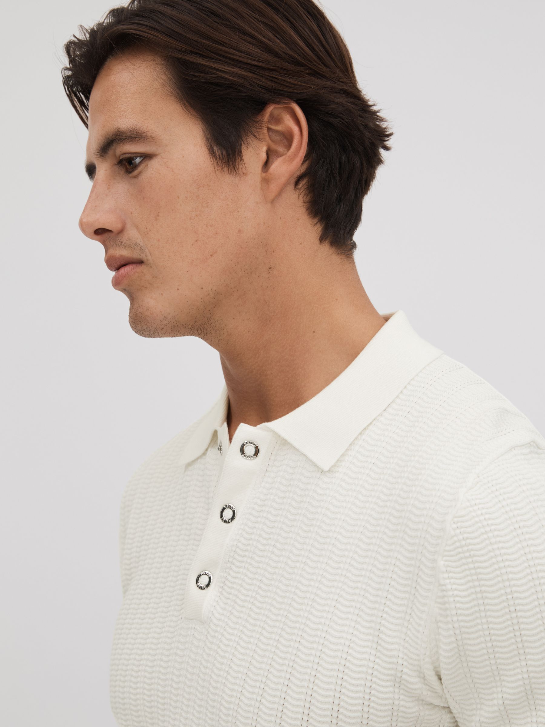 Textured Modal Blend Polo Shirt in White - Image 4 of 7