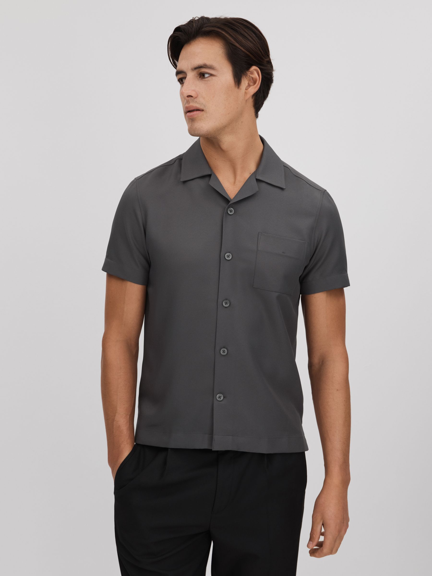 Cuban Collar Button-Through Shirt in Charcoal - Image 1 of 5