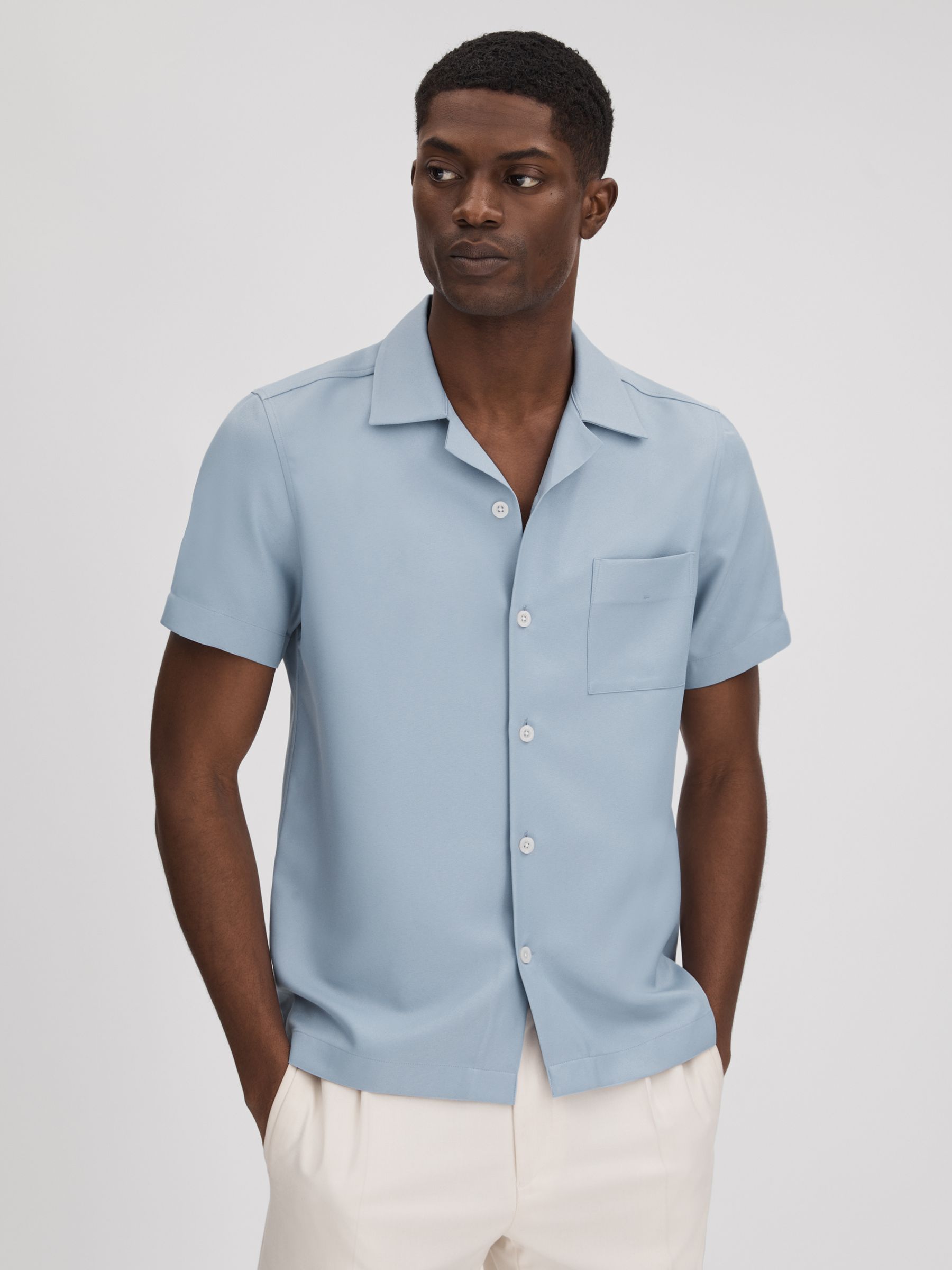 Cuban Collar Button-Through Shirt in China Blue - Image 1 of 6