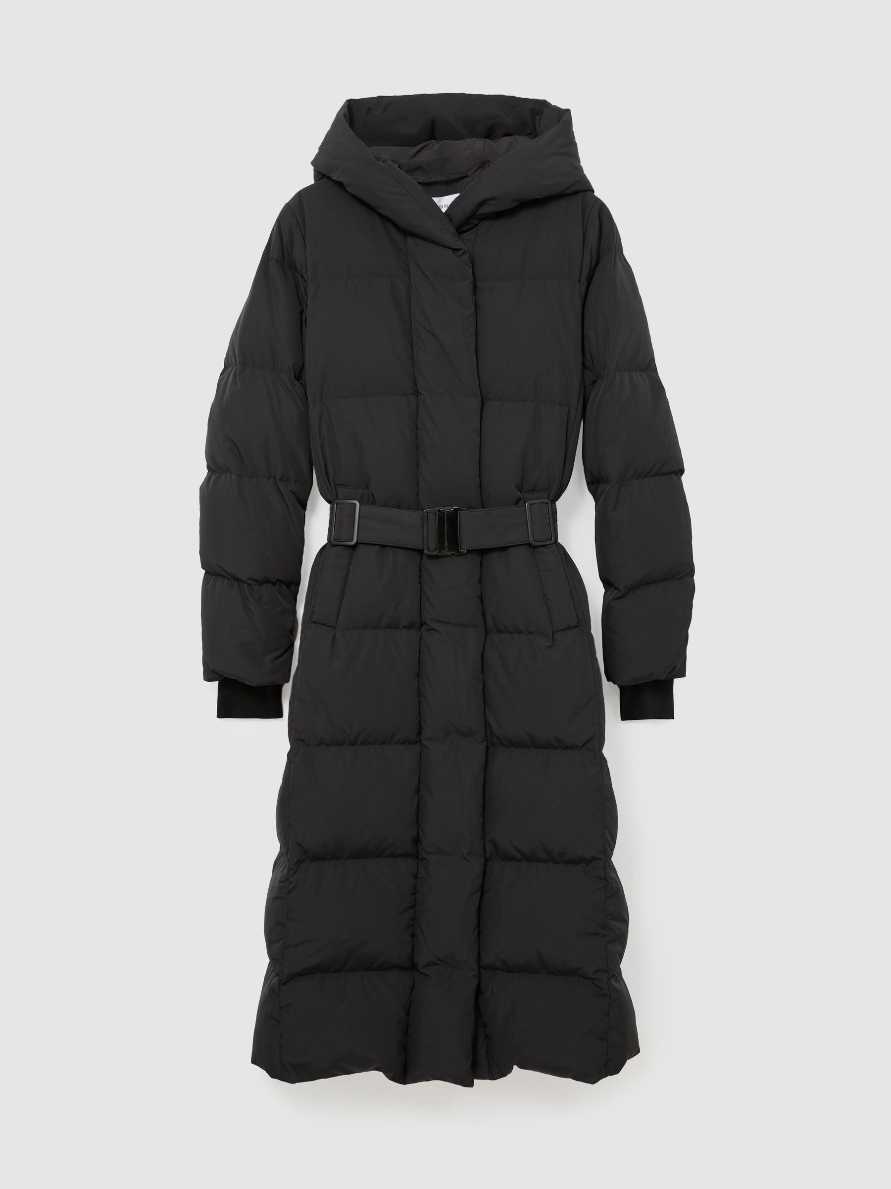 Petite Belted Longline Hooded Puffer Coat in Black - Image 2 of 8 Petite Belted Longline Hooded Puffer Coat in Black - Image 2 of 8