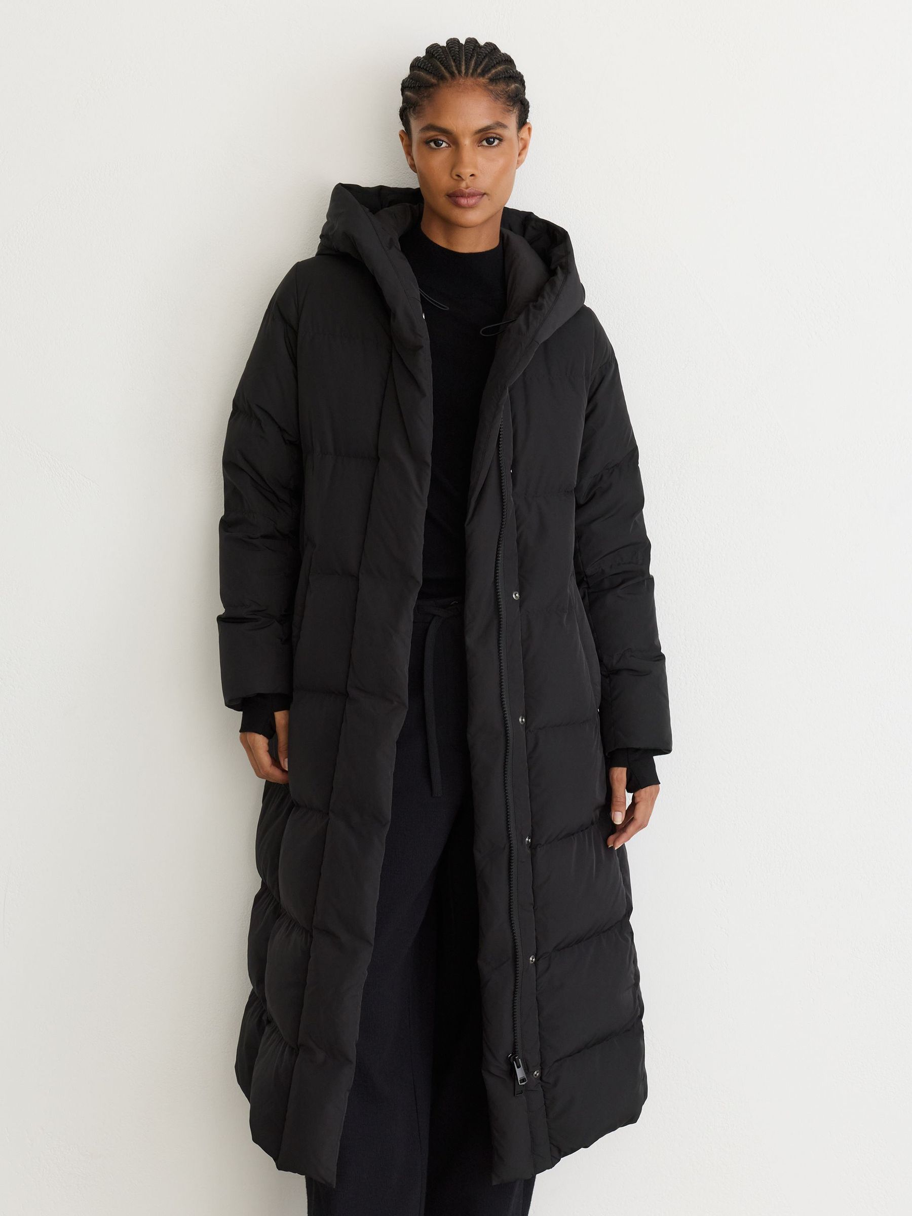 Petite Belted Longline Hooded Puffer Coat in Black - Image 3 of 8