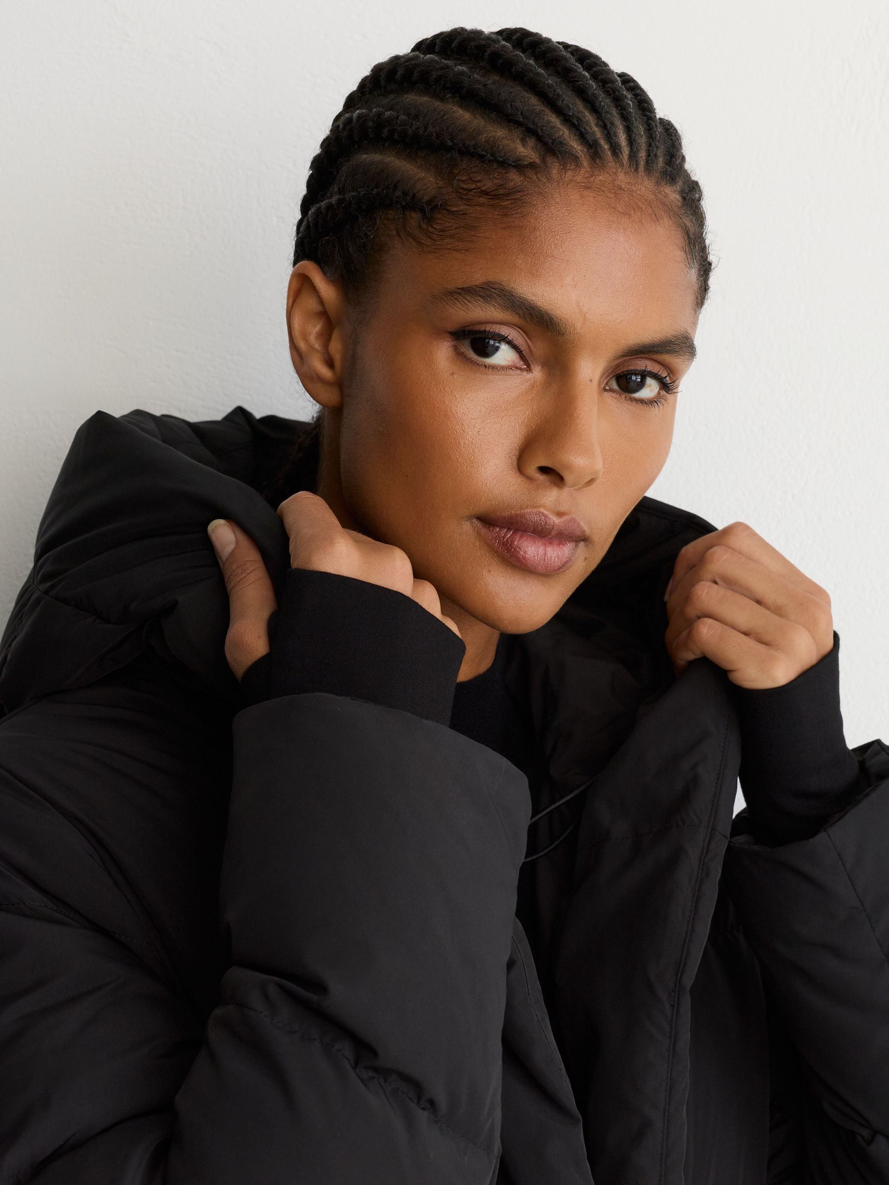 Petite Belted Longline Hooded Puffer Coat in Black - Image 4 of 8