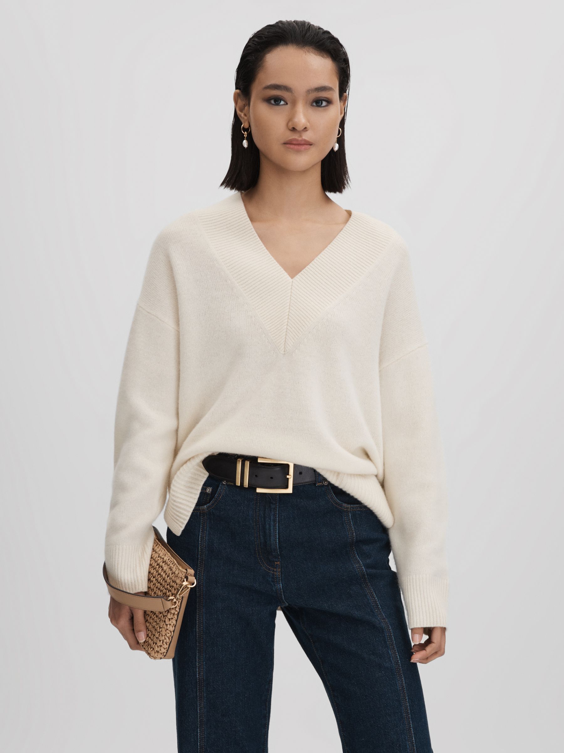 Oversized Wool Cashmere V-Neck Jumper in Ivory - Image 1 of 7