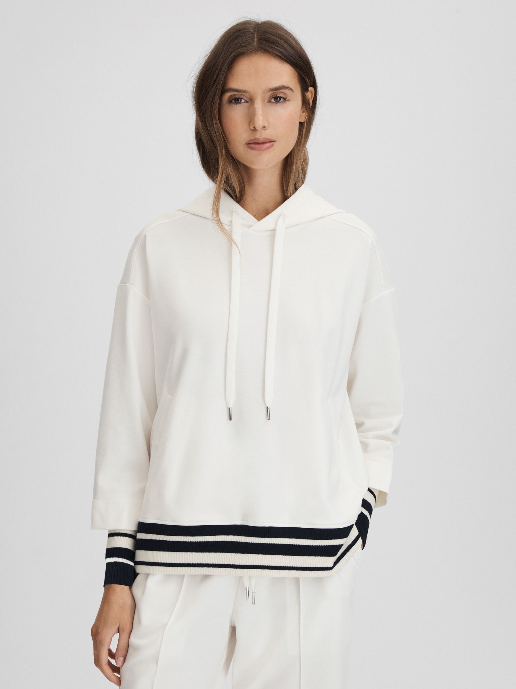 Striped Trim Hoodie in Navy/Ivory - Image 1 of 6