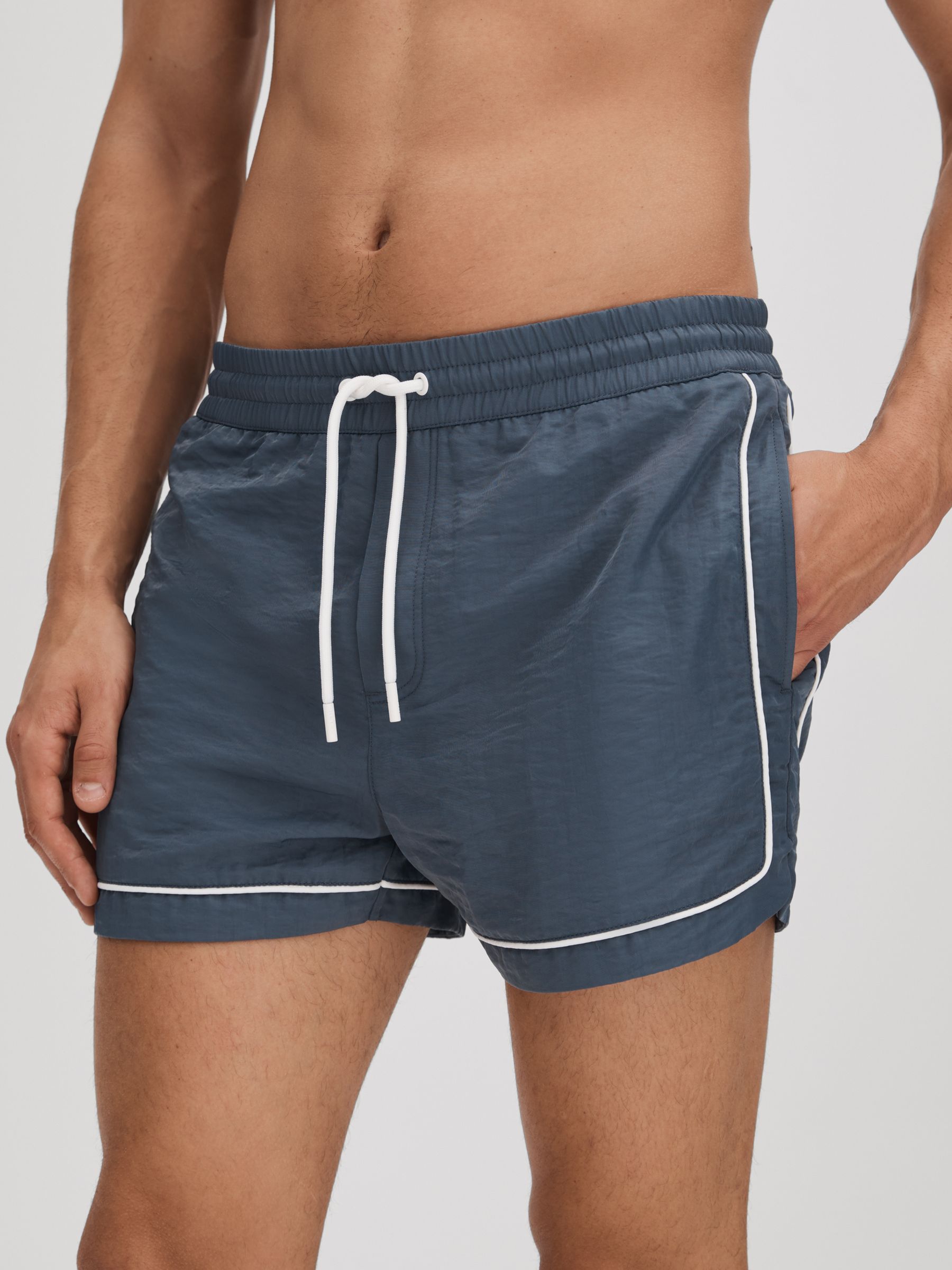 Piped Drawstring Swim Shorts in Airforce Blue - Image 1 of 6