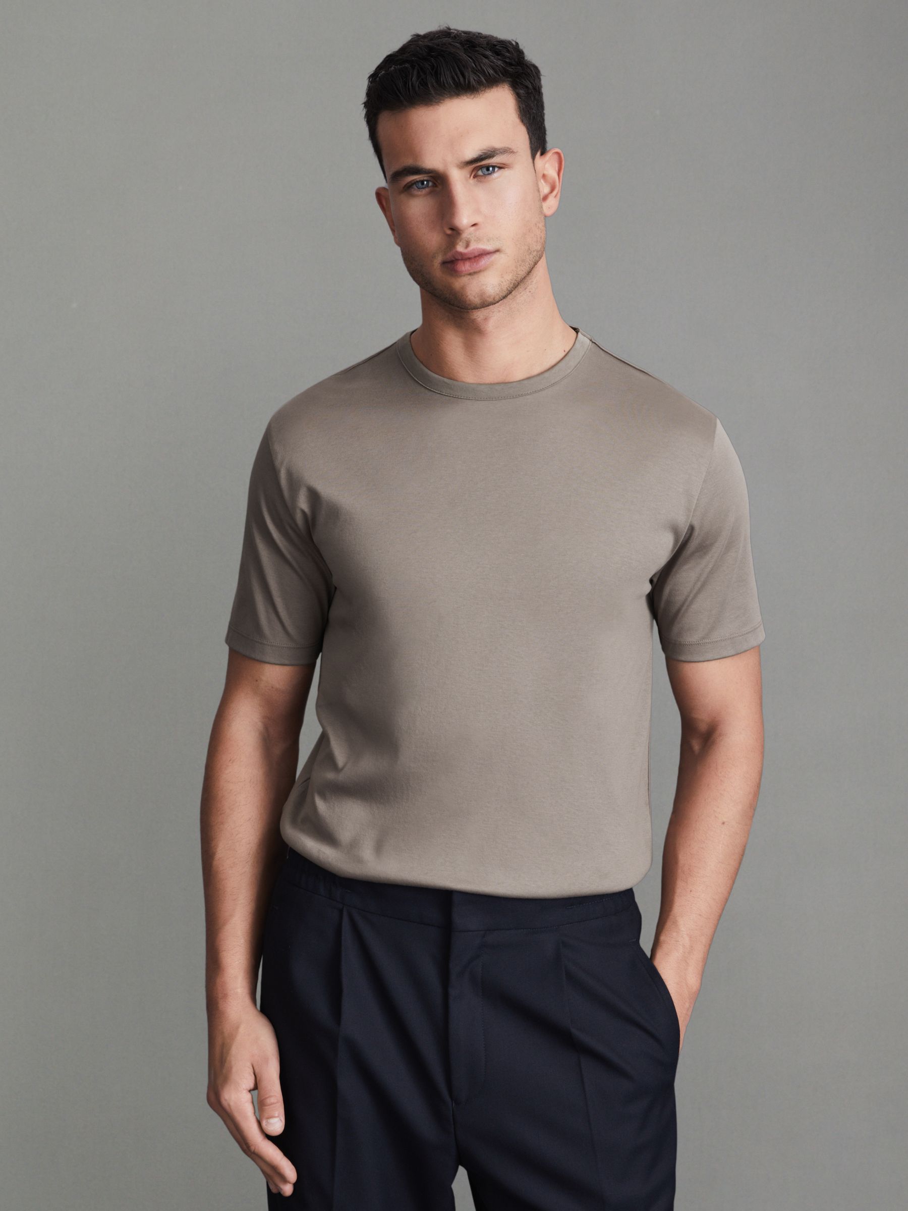 Mercerised Cotton Crew Neck T-Shirt in Cinder - Image 1 of 5