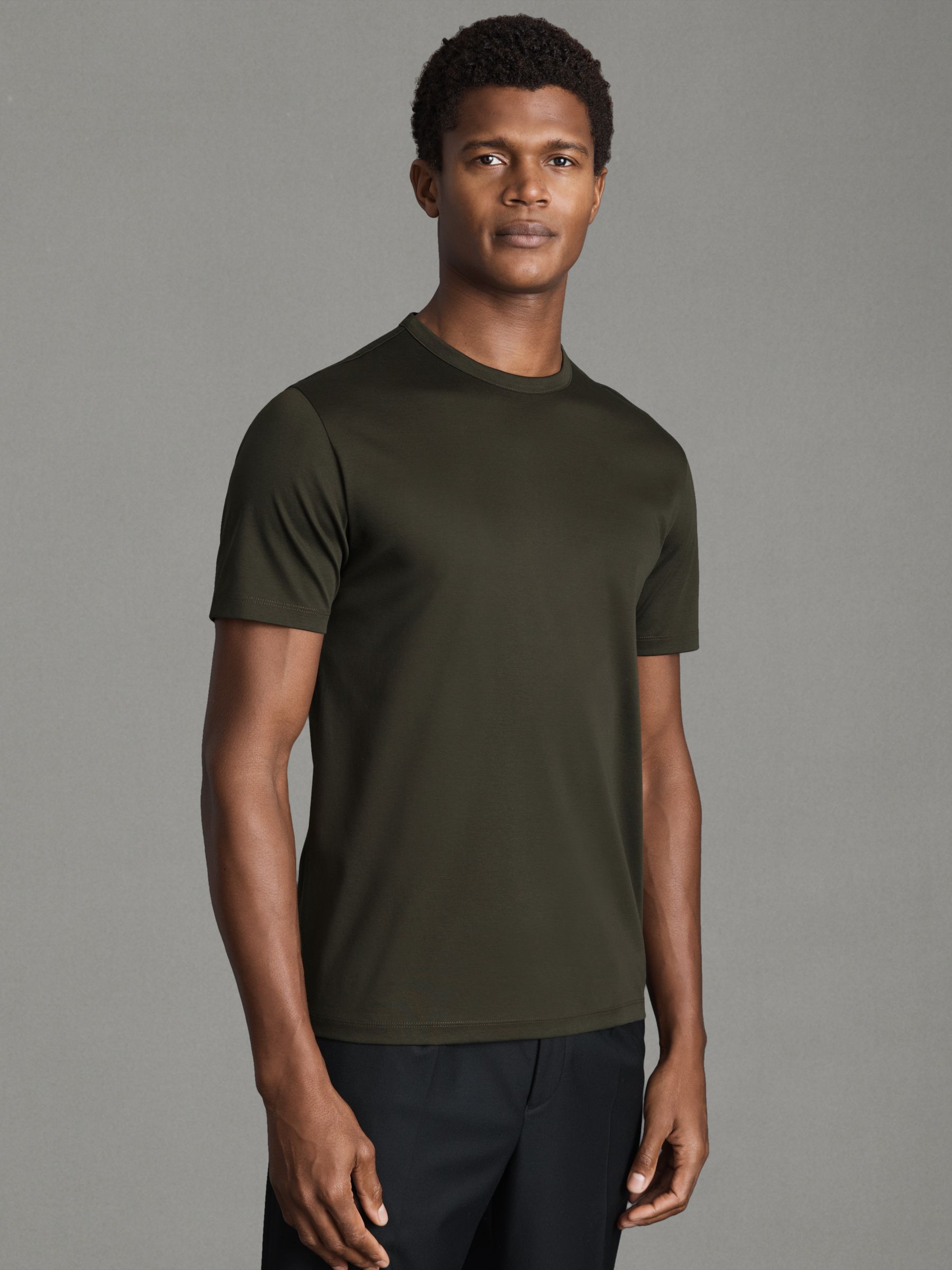 Mercerised Cotton Crew Neck T-Shirt in Dark Olive - Image 1 of 5