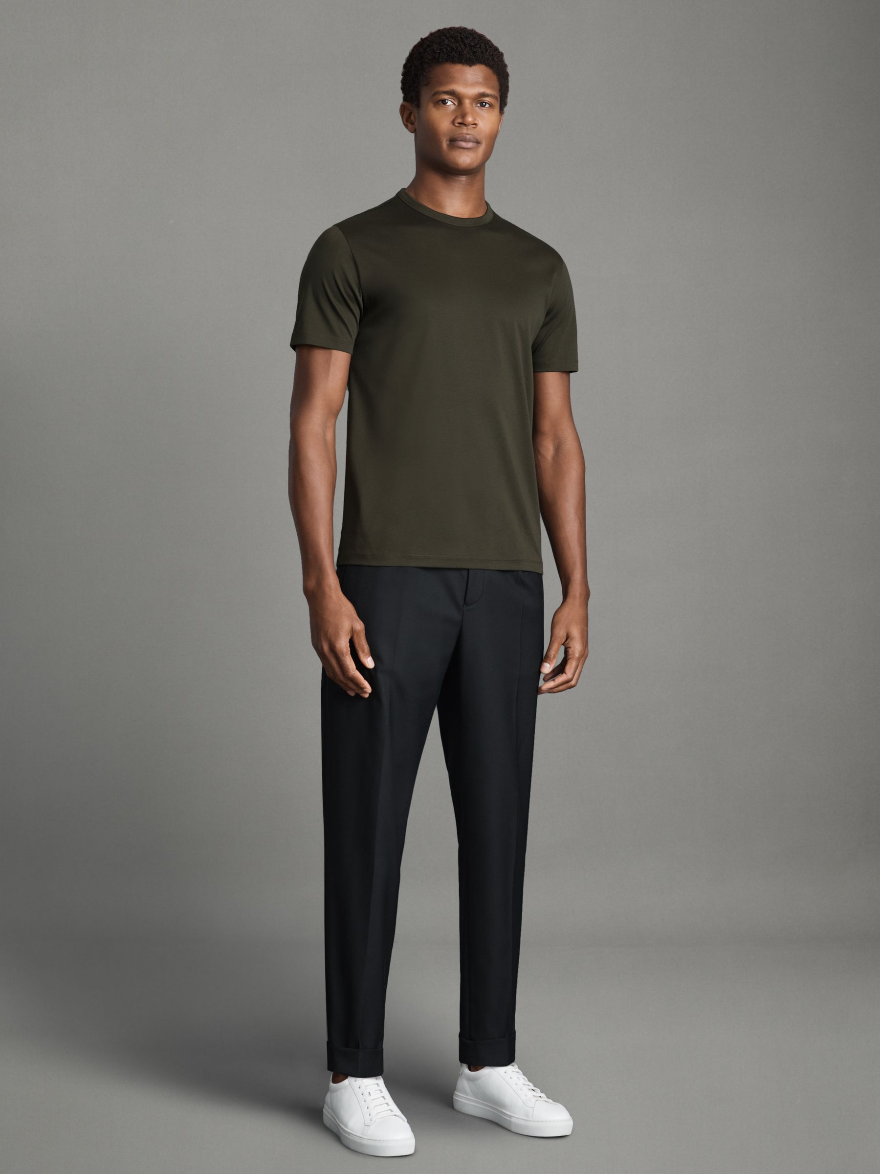 Mercerised Cotton Crew Neck T-Shirt in Dark Olive - Image 3 of 5