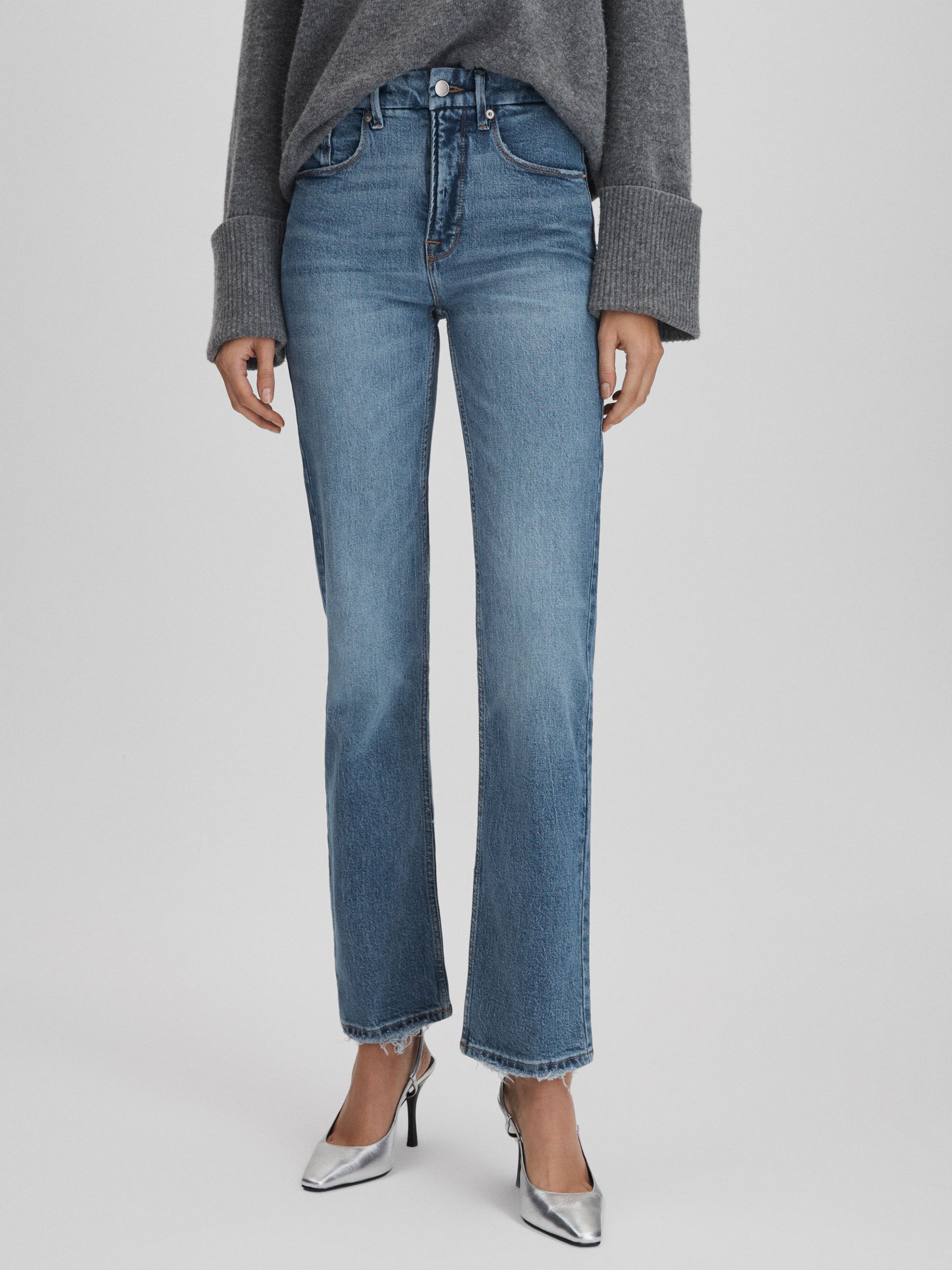 Good American Distressed Straight Leg Jeans in Indigo - Image 1 of 6