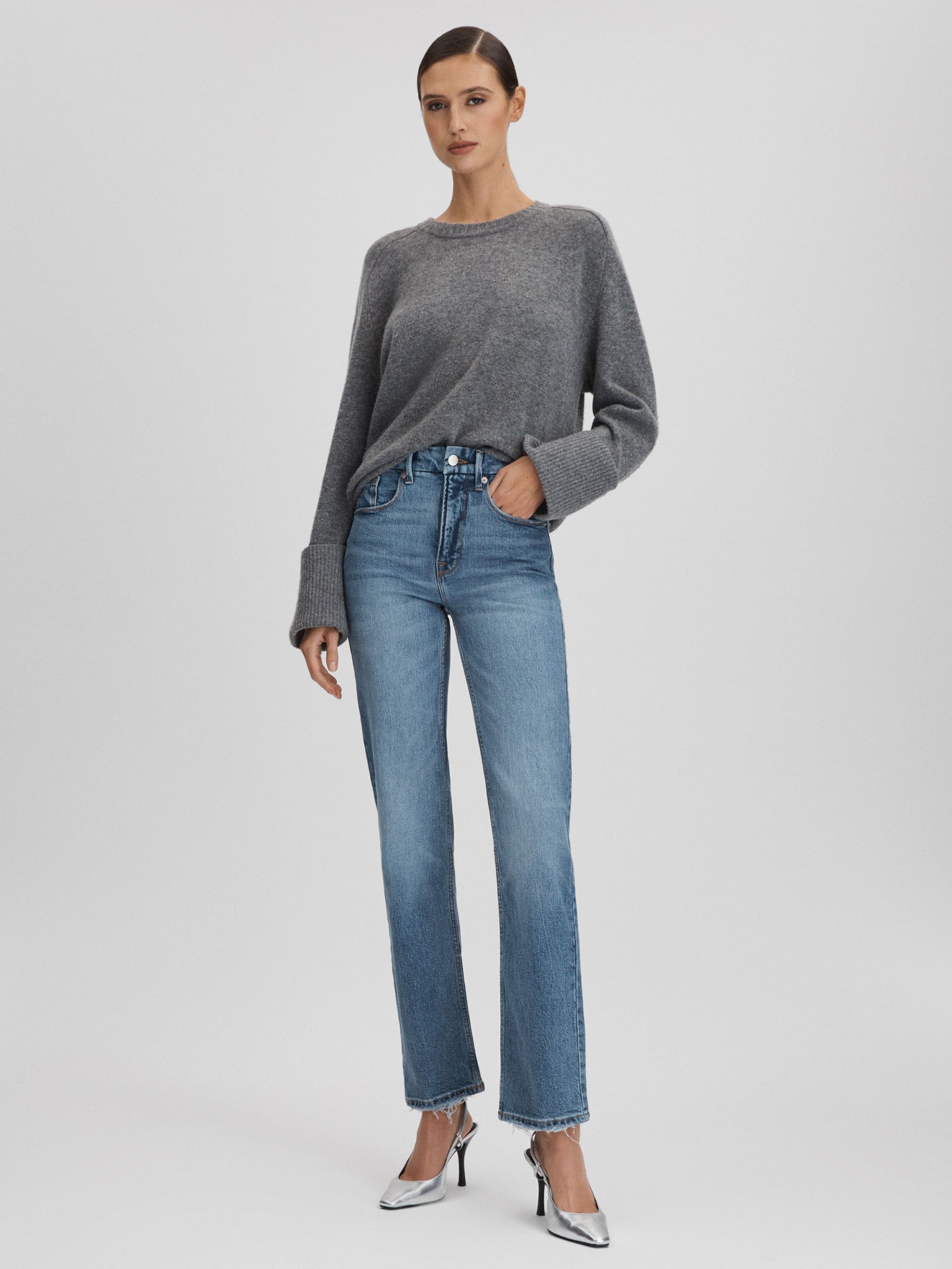 Good American Distressed Straight Leg Jeans in Indigo - Image 3 of 6