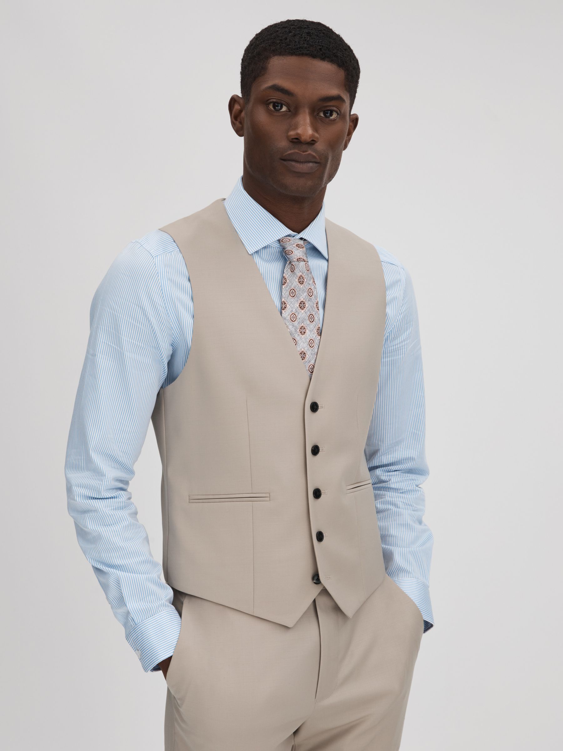 Slim Fit Wool Blend Waistcoat in Stone - Image 1 of 5