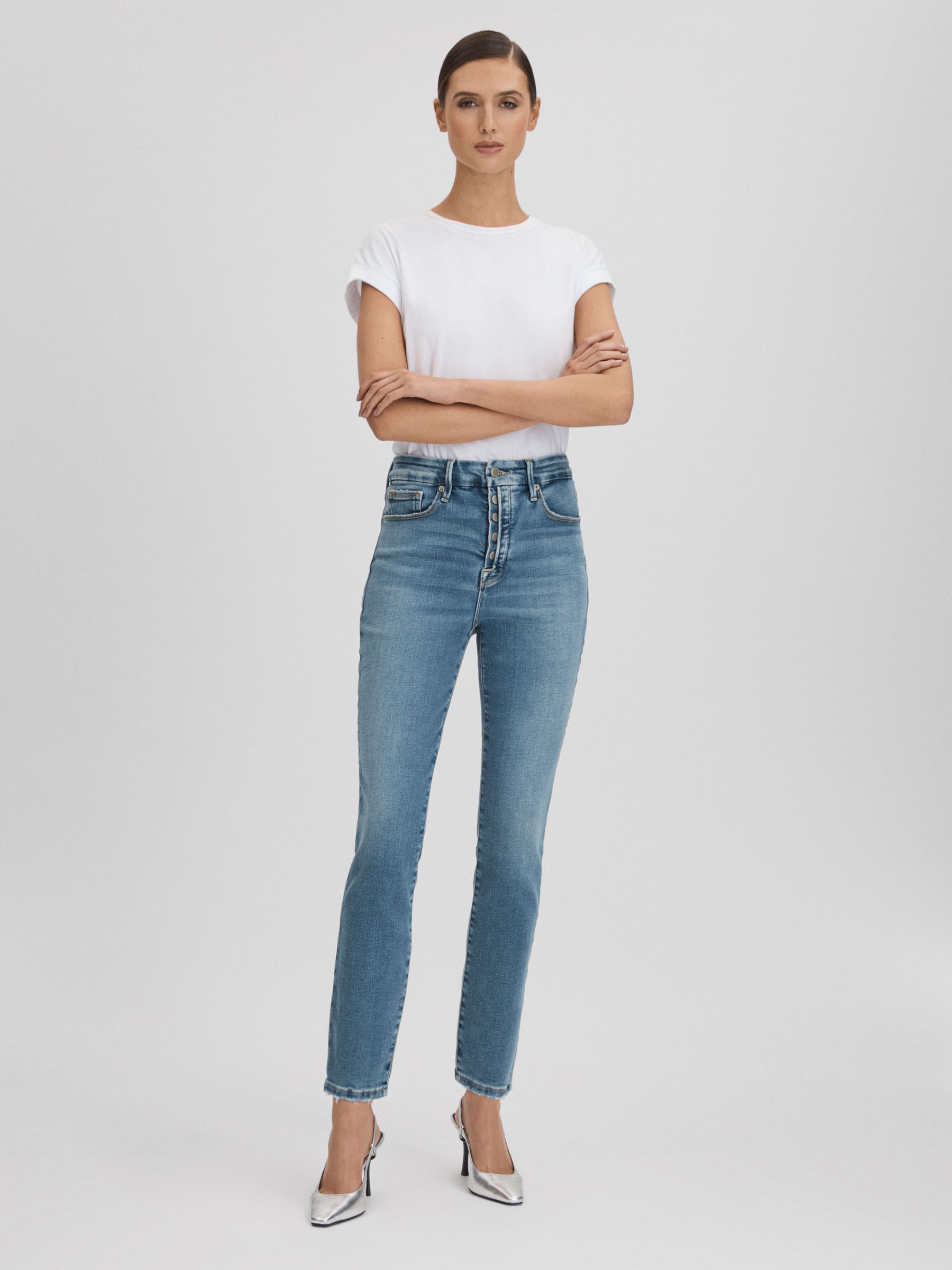 Good American Exposed Button Cropped Skinny Jeans in Indigo - Image 3 of 6