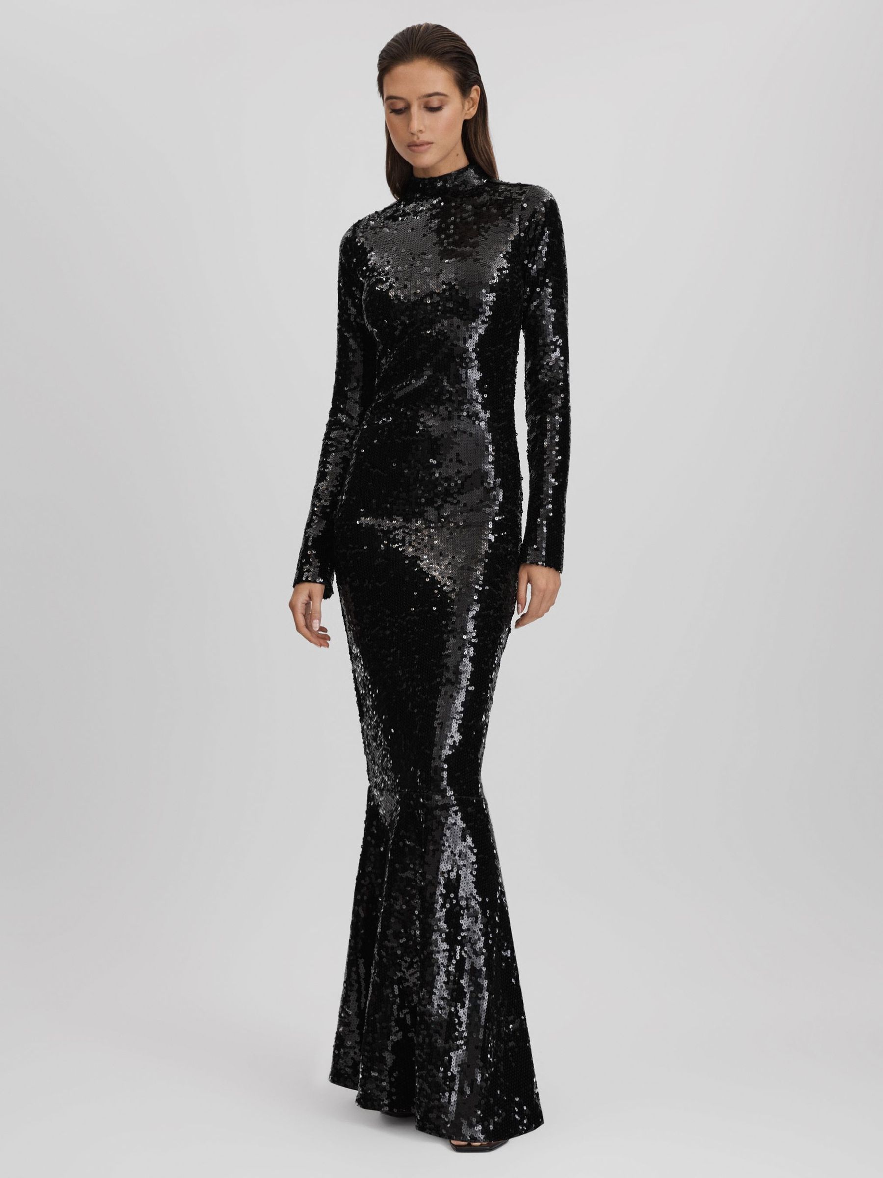 Good American Sequin Funnel Neck Maxi Dress in Black - Image 1 of 6 Good American Sequin Funnel Neck Maxi Dress in Black - Image 1 of 6