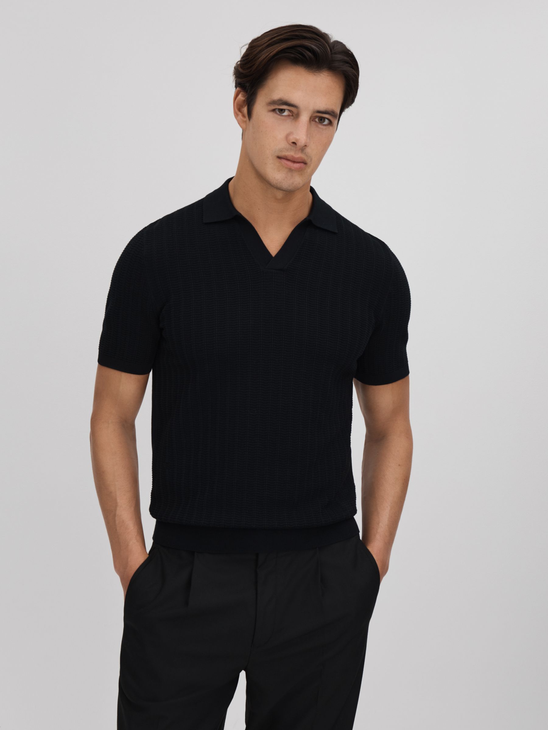 Textured Modal Blend Open Collar Shirt in Black - Image 1 of 6