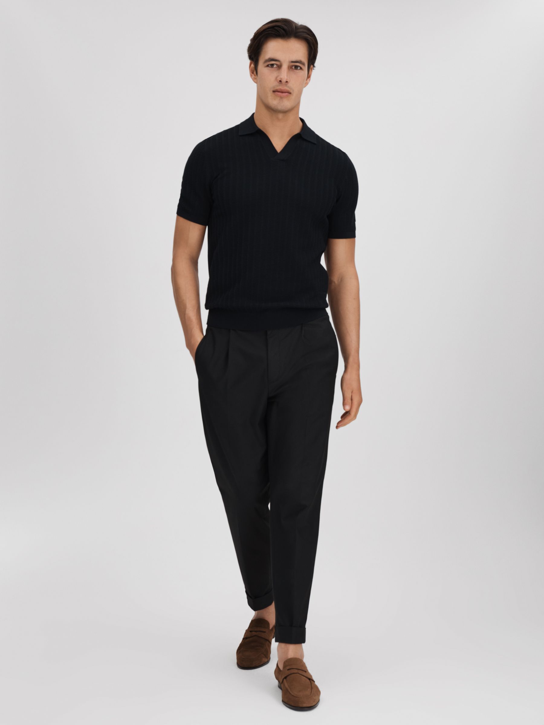 Textured Modal Blend Open Collar Shirt in Black - Image 3 of 6
