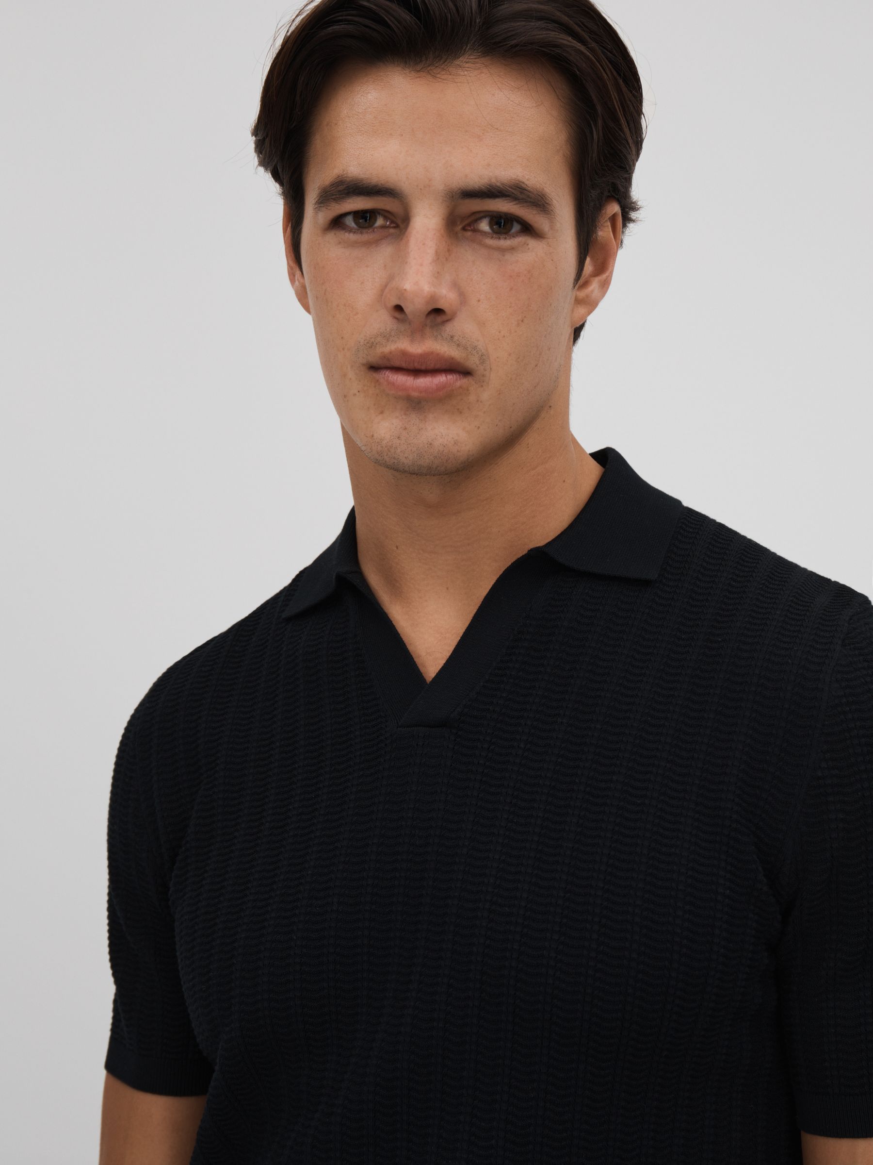 Textured Modal Blend Open Collar Shirt in Black - Image 4 of 6