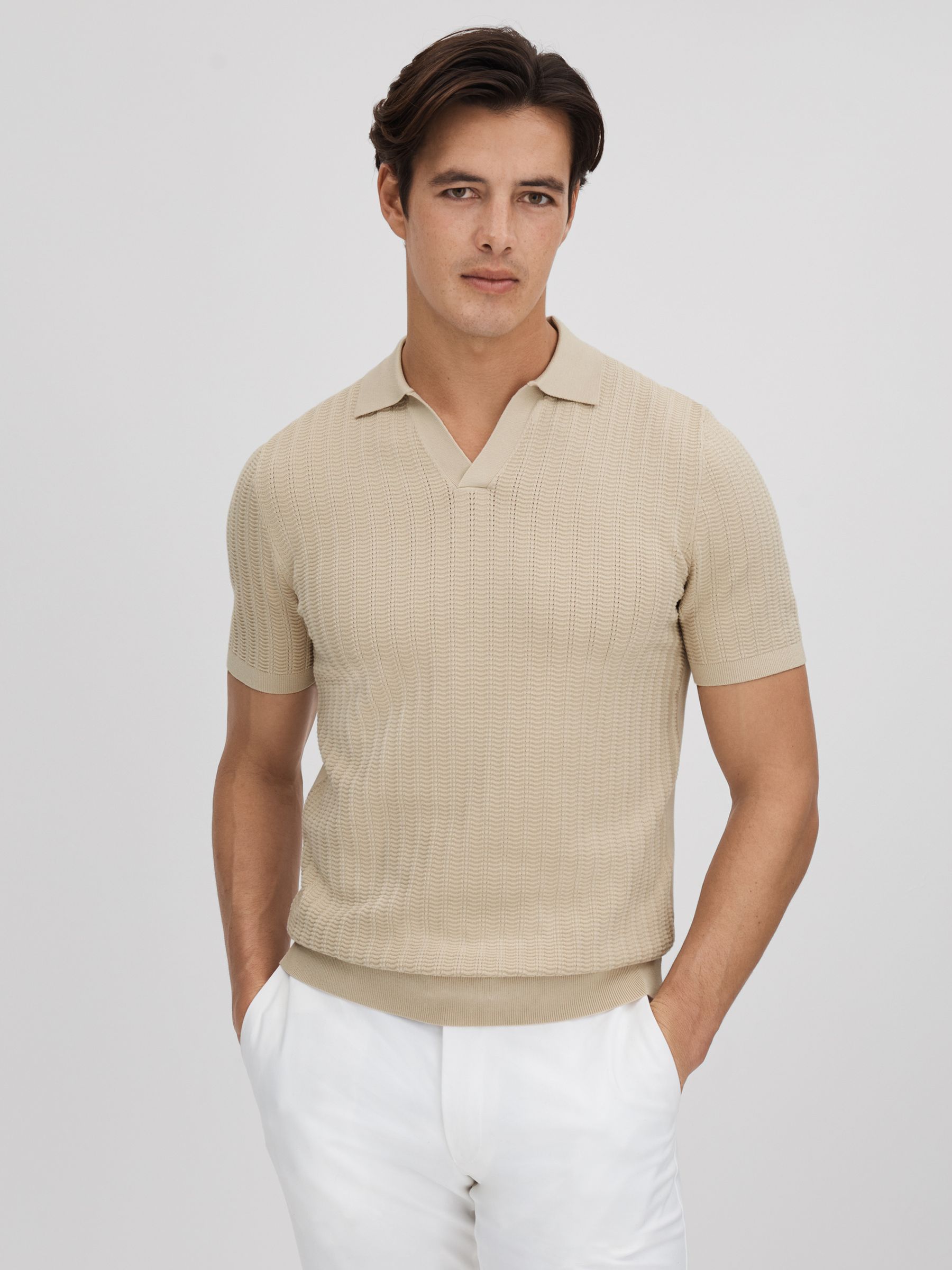 Textured Modal Blend Open Collar Shirt in Stone - Image 1 of 7