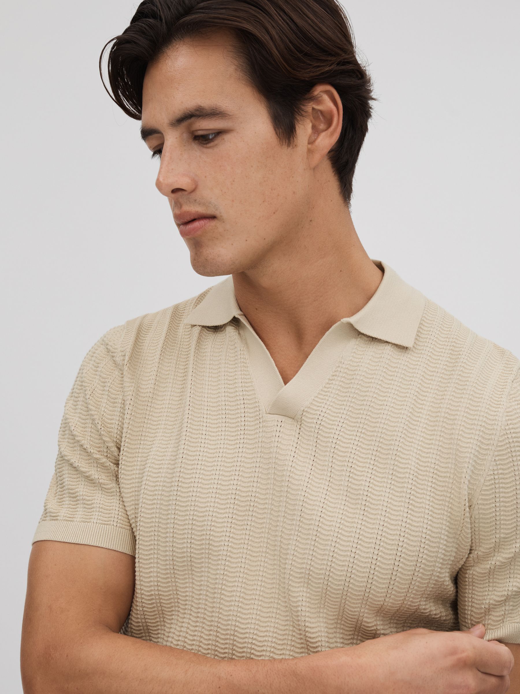 Textured Modal Blend Open Collar Shirt in Stone - Image 4 of 7