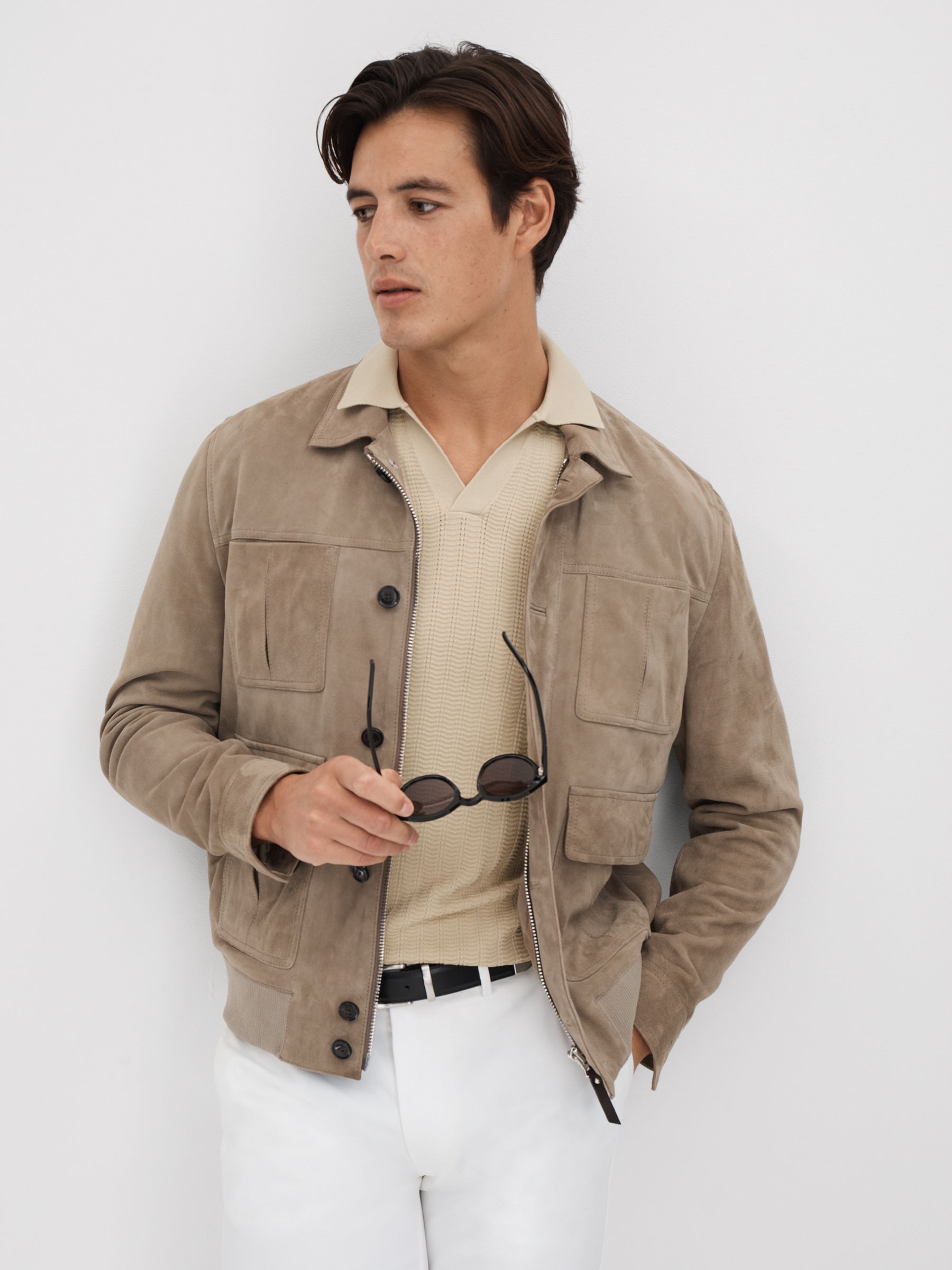 Textured Modal Blend Open Collar Shirt in Stone - Image 5 of 7