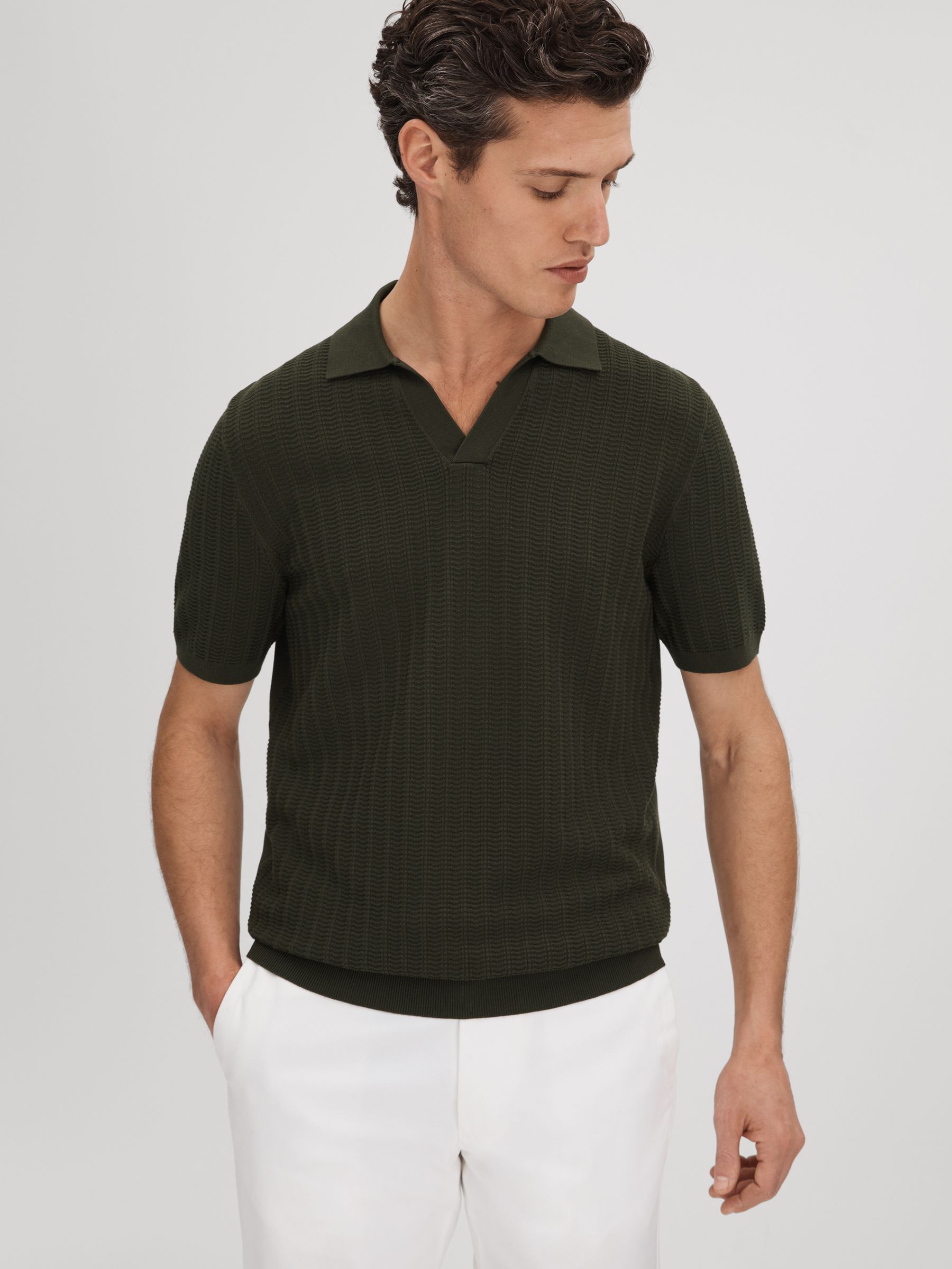 Textured Modal Blend Open Collar Shirt in Hunting Green - Image 1 of 7