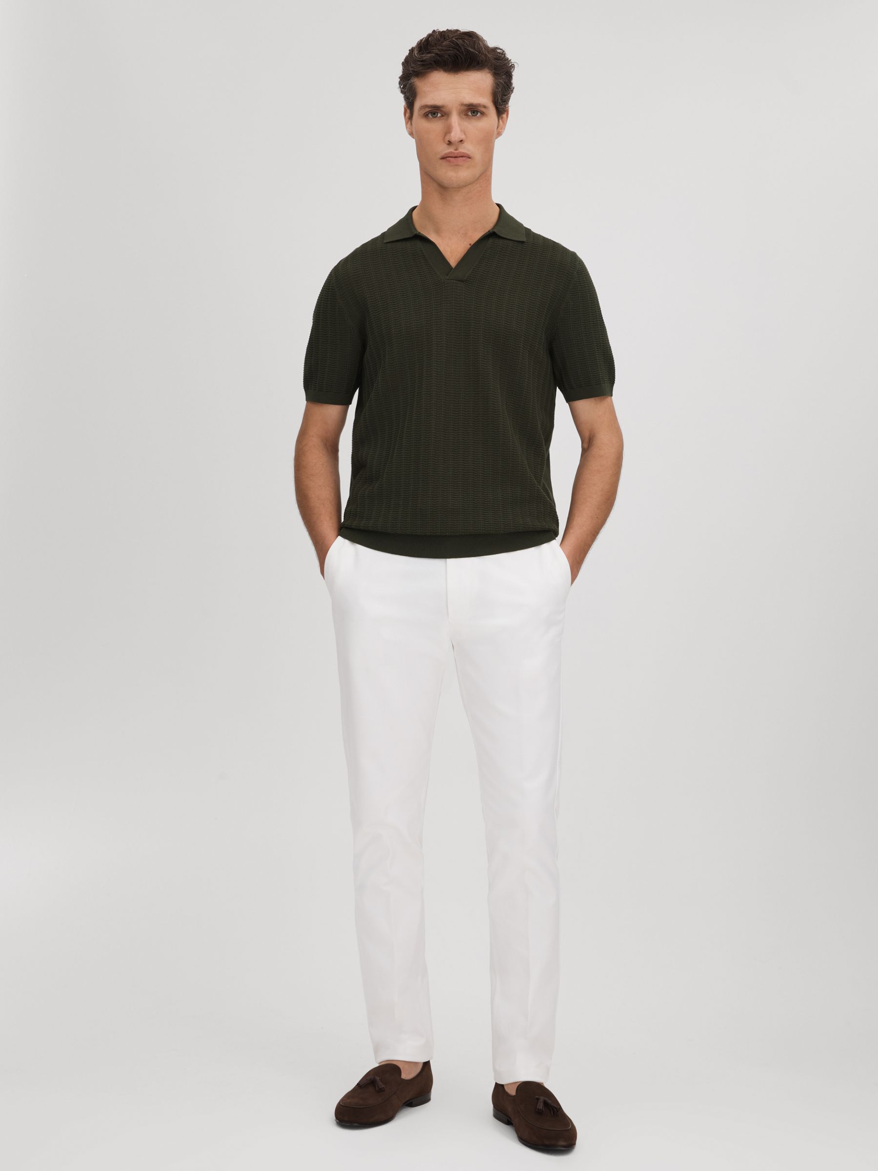 Textured Modal Blend Open Collar Shirt in Hunting Green - Image 3 of 7