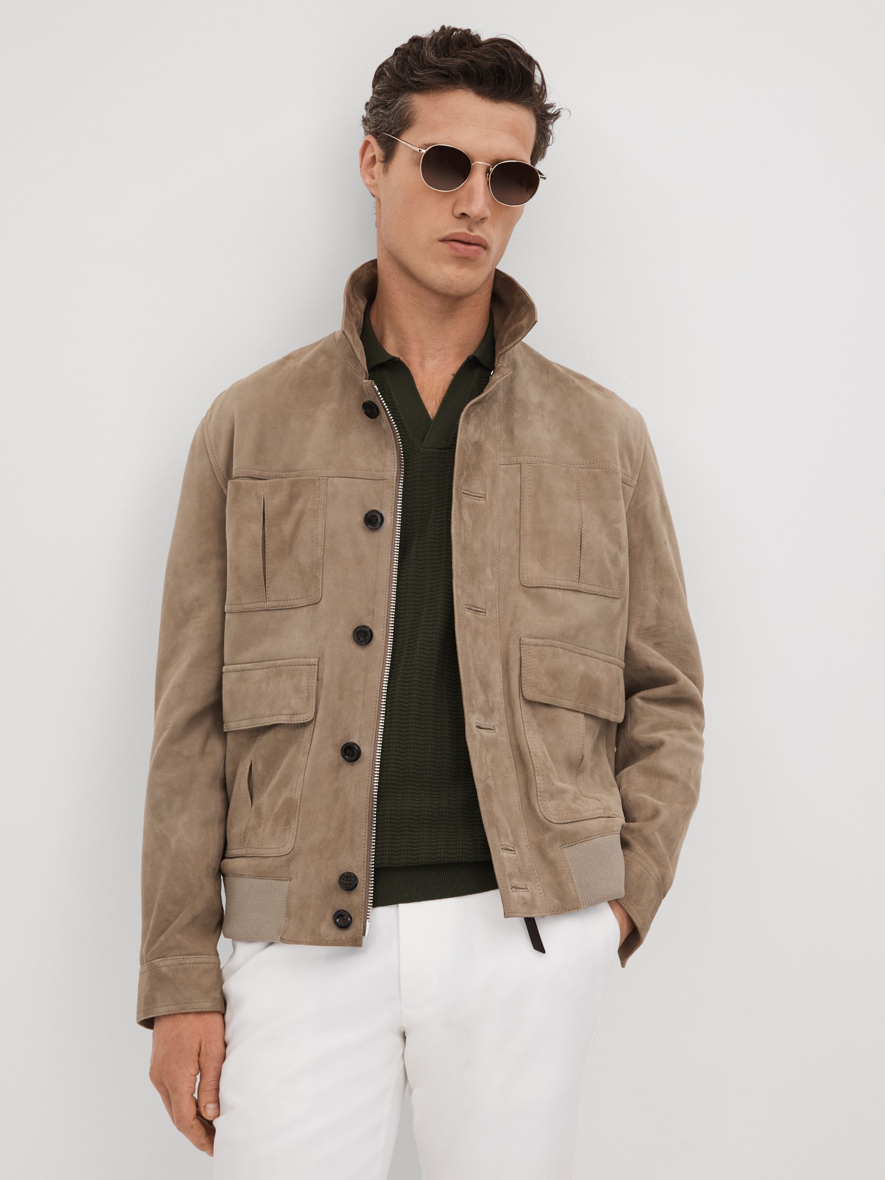 Textured Modal Blend Open Collar Shirt in Hunting Green - Image 6 of 7