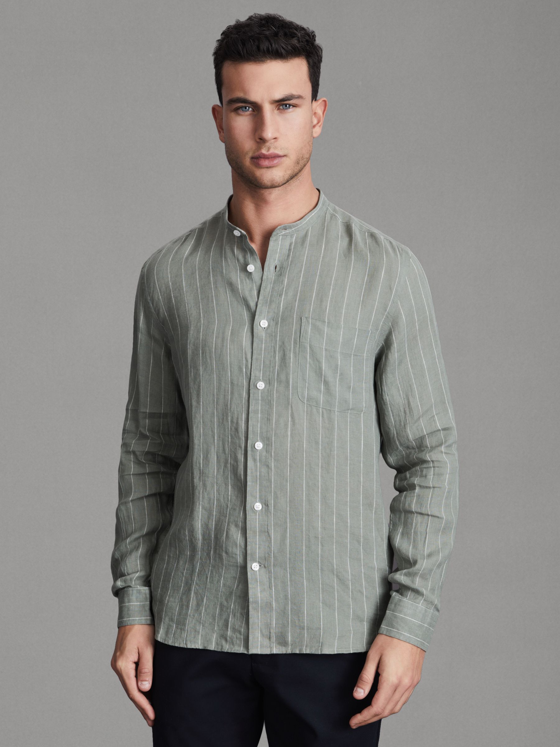 Linen Grandad Collar Shirt in Sage Stripe - Image 1 of 5