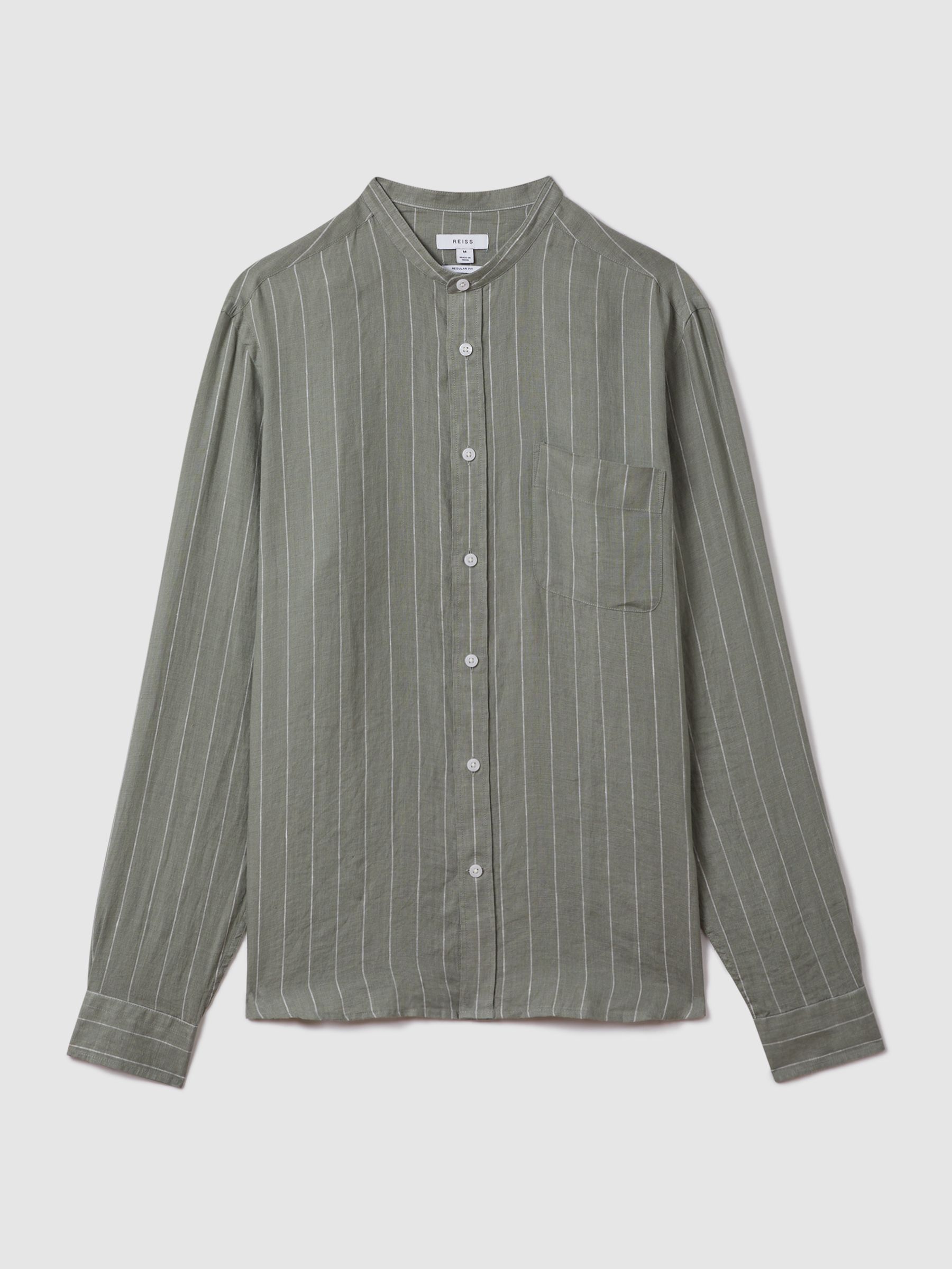 Linen Grandad Collar Shirt in Sage Stripe - Image 2 of 5